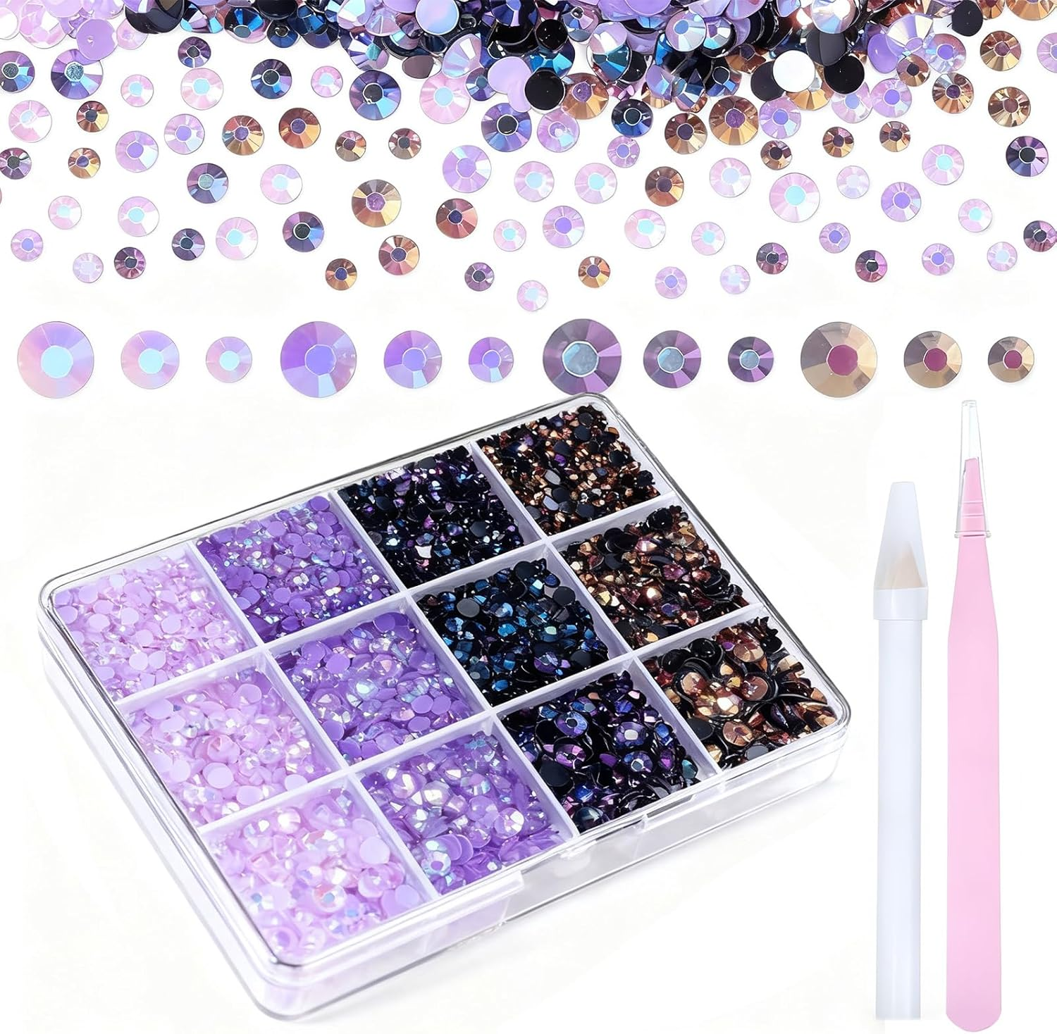 Jeyzuroa Black Rhinestones, Bedazzler Kit, 12 Pack (3 - 5Mm) round Plastic Craft Beads for Nail Rhinestones, DIY Jewelry, Party Favors (Black)