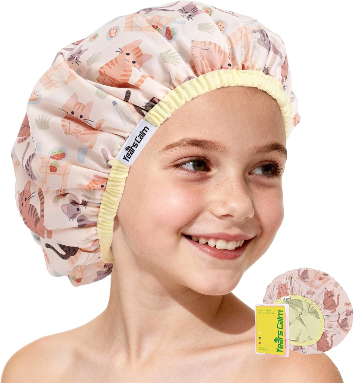 Years Calm Kids Shower Cap, Waterproof Reusable Cartoon Bath Cap with Double Layers & Soft Elastic Band, Washable Shower Hat for Boys and Girls, Great for Daily Bath (Elephant, One Size)