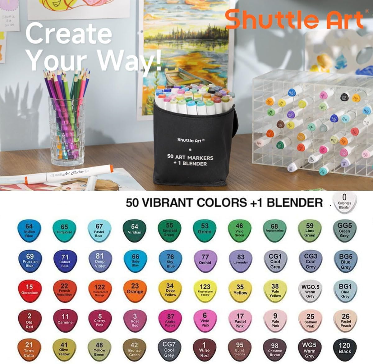 Shuttle Art Dual Tip Alcohol Based Art Markers, 50 Colours plus 1 Blender Permanent Marker with Case Perfect for Kids Adult Coloring Books Sketching Card Making