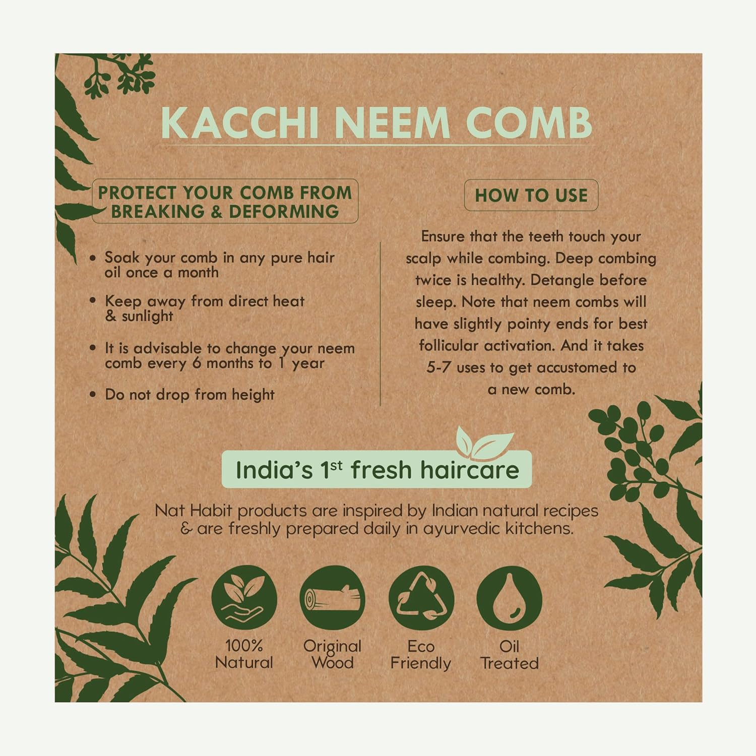 Nat Habit Kacchi Neem Wooden Comb, Soaked in 17 Herbs Neem & Sesame Oil for Multi-Actions - Detangling, Frizz Control & Shine,Suited for All Hair Types (Dual Tooth) image number 4