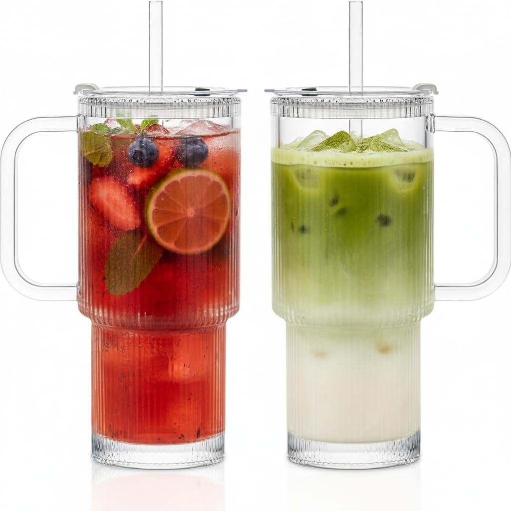 Sorlaarti Leakproof Glass Tumbler with Handle 500ML, 2 Pack Large Capacity Iced Coffee Cup, Clear Glass Cups with Lids and Straws Compatible for Travel, Home, Office, and Car image number 4