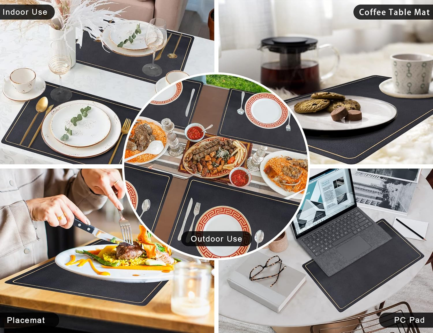 Excovip Leather Placemats for Dining Table, Set of 6，Waterproof Wipeable PU Leather Place Mats Stain-Proof Non-Slip Table Mats for Easter Thanksgiving Christmas New Year Party Home Decor(Black) image number 1