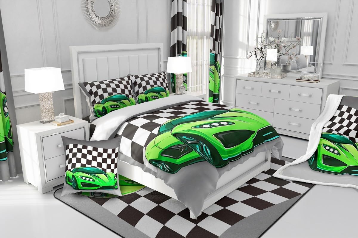 100% Cotton Boys Racing Car Comforter Cover 155 X 220, Extreme Sport Automobile Soft Breathable Duvet Cover, Racing Car Bed Linen, Black White Plaid Pattern Quilt Cover for Children, Boys, Teens image number 2