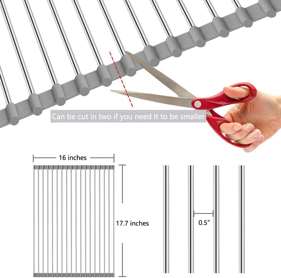 Homexpect over the Sink Dish Drying Rack 17.7 Inches X 16 Inches, 304 Stainless Steel Multipurpose Roll-Up Dish Rack, Foldable, Rollable and Easy to Store, Grey image number 3