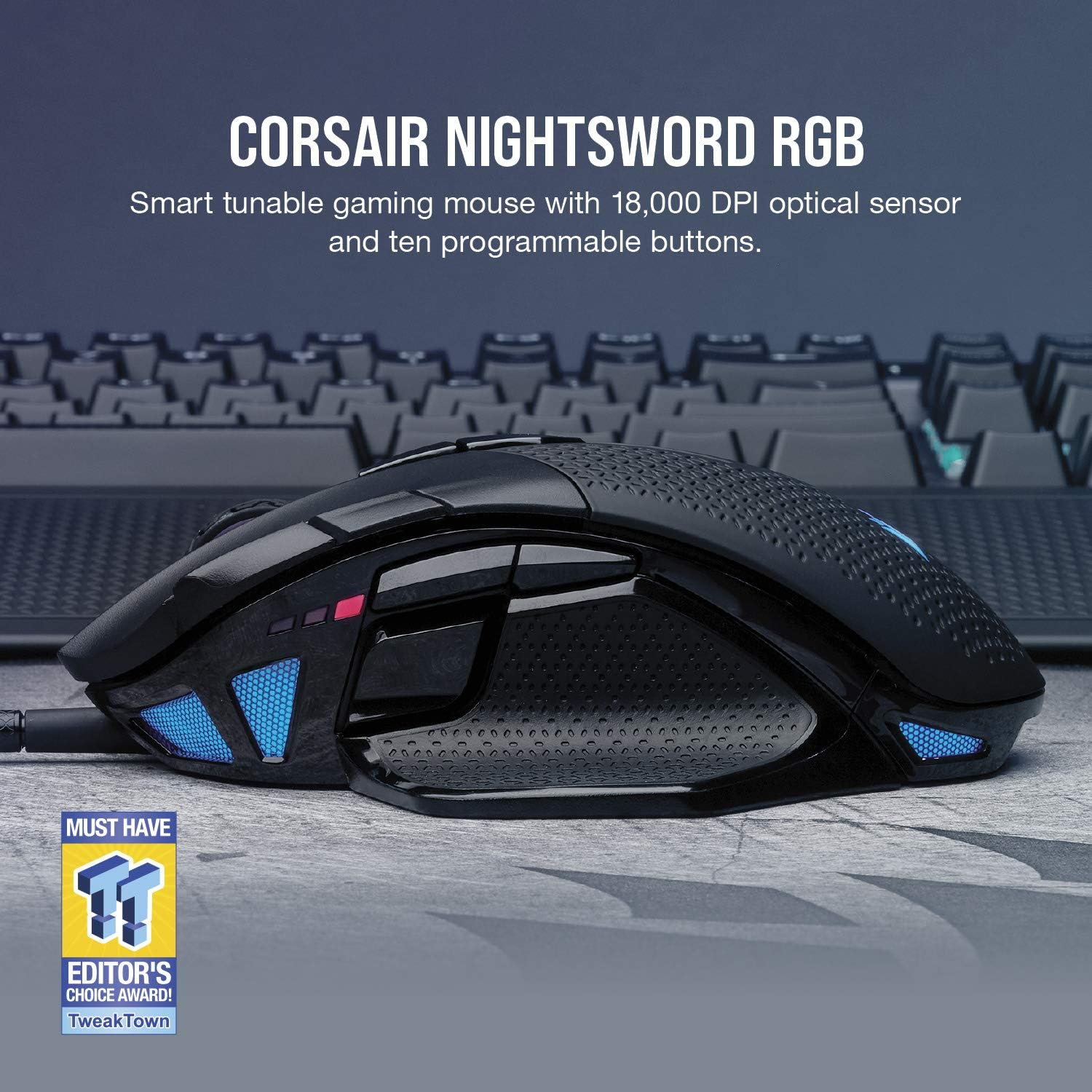 Corsair Nightsword RGB - Comfort Performance Tunable FPS/MOBA Optical Ergonomic Gaming Mouse with Backlit RGB LED, 18000 DPI, Black