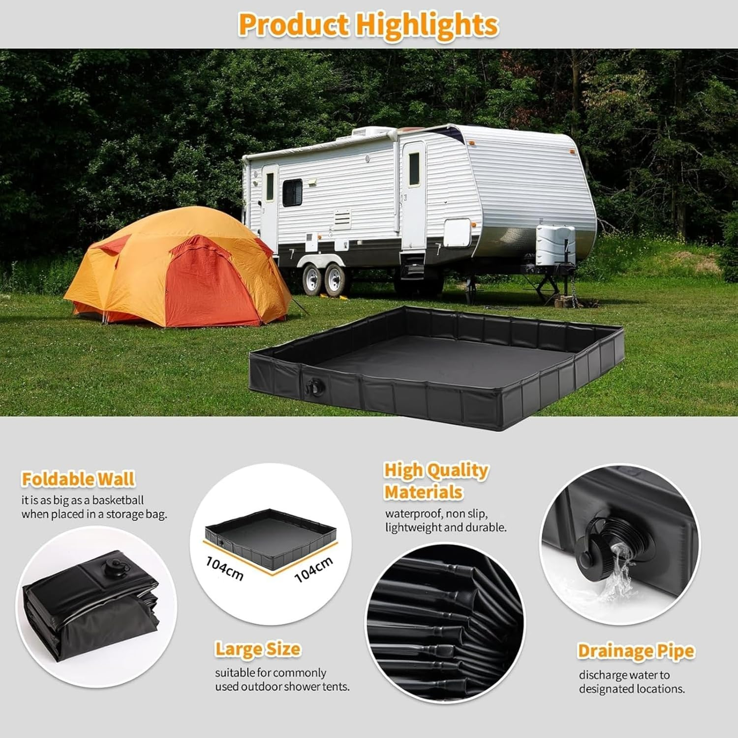 Ssumght Camping Shower Base, Foldable Shower Tent Awning Base with Drain Hose to Keep Feet Clean, 104 * 104 * 13Cm Portable Shower Pan for Indoor and Outdoor image number 1