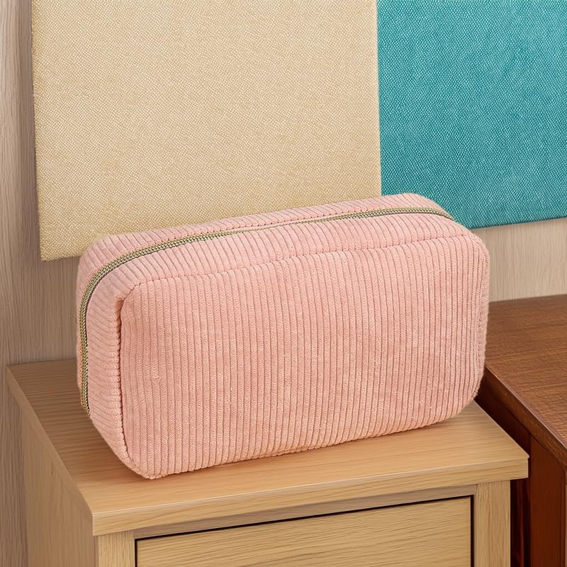 Corduroy Makeup Organizer, Cosmetic Travel Toiletry Set (2 Pieces in Pink and Beige) image number 1