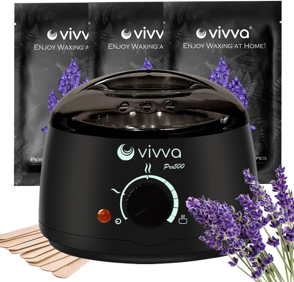 Vivva Waxing Kit, Wax Warmer Hair Removal Adjustable Temperature with 600G Hard Wax Beans and 20 Pcs Wooden Applicator Sticks Painless for Legs, Face, Underarm, Bikini (Black Kits)