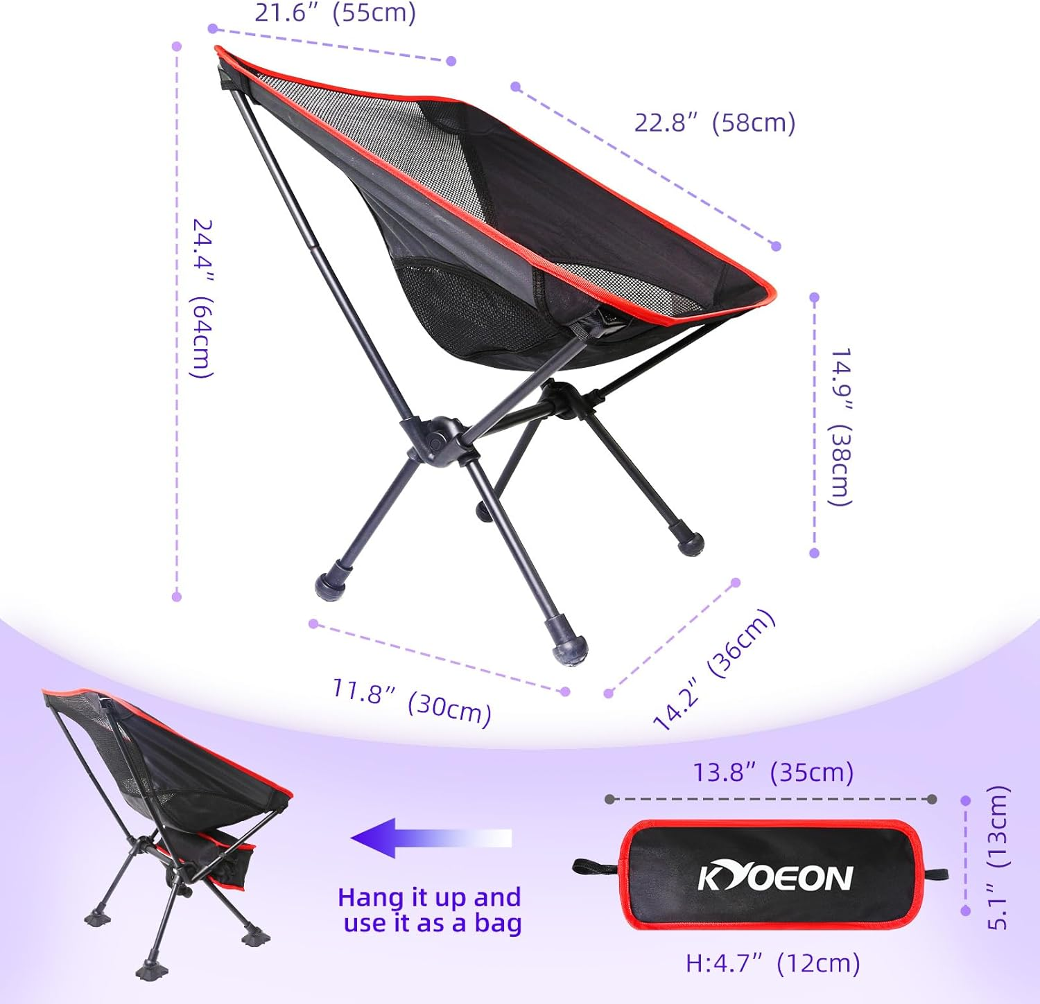Foldable Camping Chair, Ultralight Beach Chair, 150 Kg Durable Folding Backpacking Chair with Robust Frame and Comfortable Backrest for Outdoor, Beach, Picnic, Hiking, Lawn