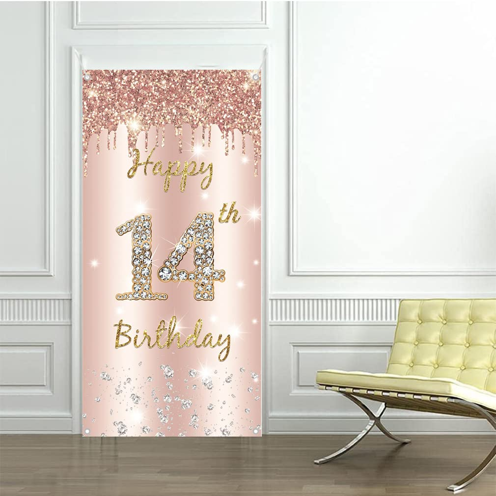 14Th Birthday Decorations for Girl, Happy14Th Birthda Y Backdrop Banner Rosegold Fabric Sign Poster, Girl 14 Years Old Party Supplies Door Banner Welcome Sign, 180 Cm X 90 Cm