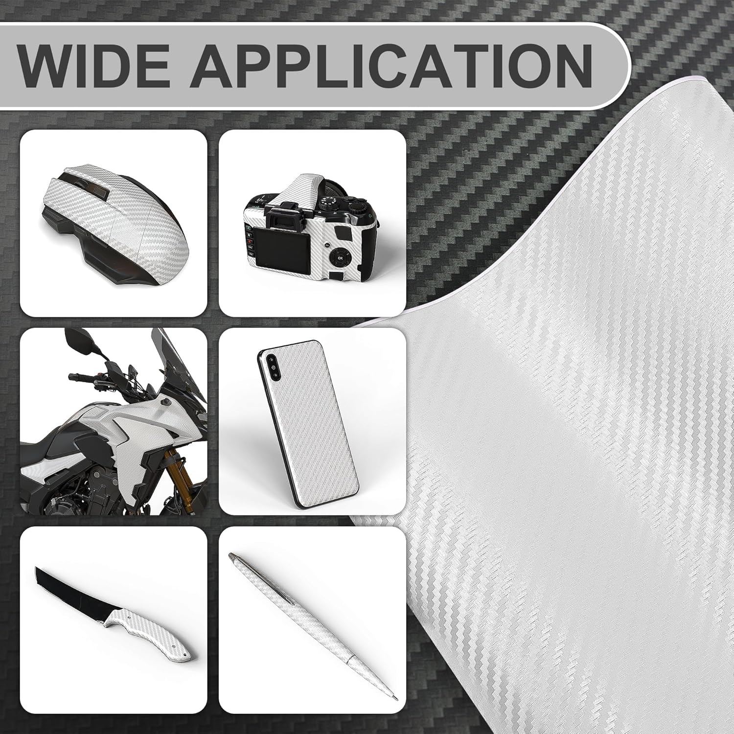 3D Carbon Fiber Vinyl Wrap, White Car Wrap Film Roll with Air-Release Technology for DIY Use, Car Auto Decal Exterior and Interior Wrapping Film, Vehicle Self Adhesive Sticker 1Ft X 5Ft image number 4