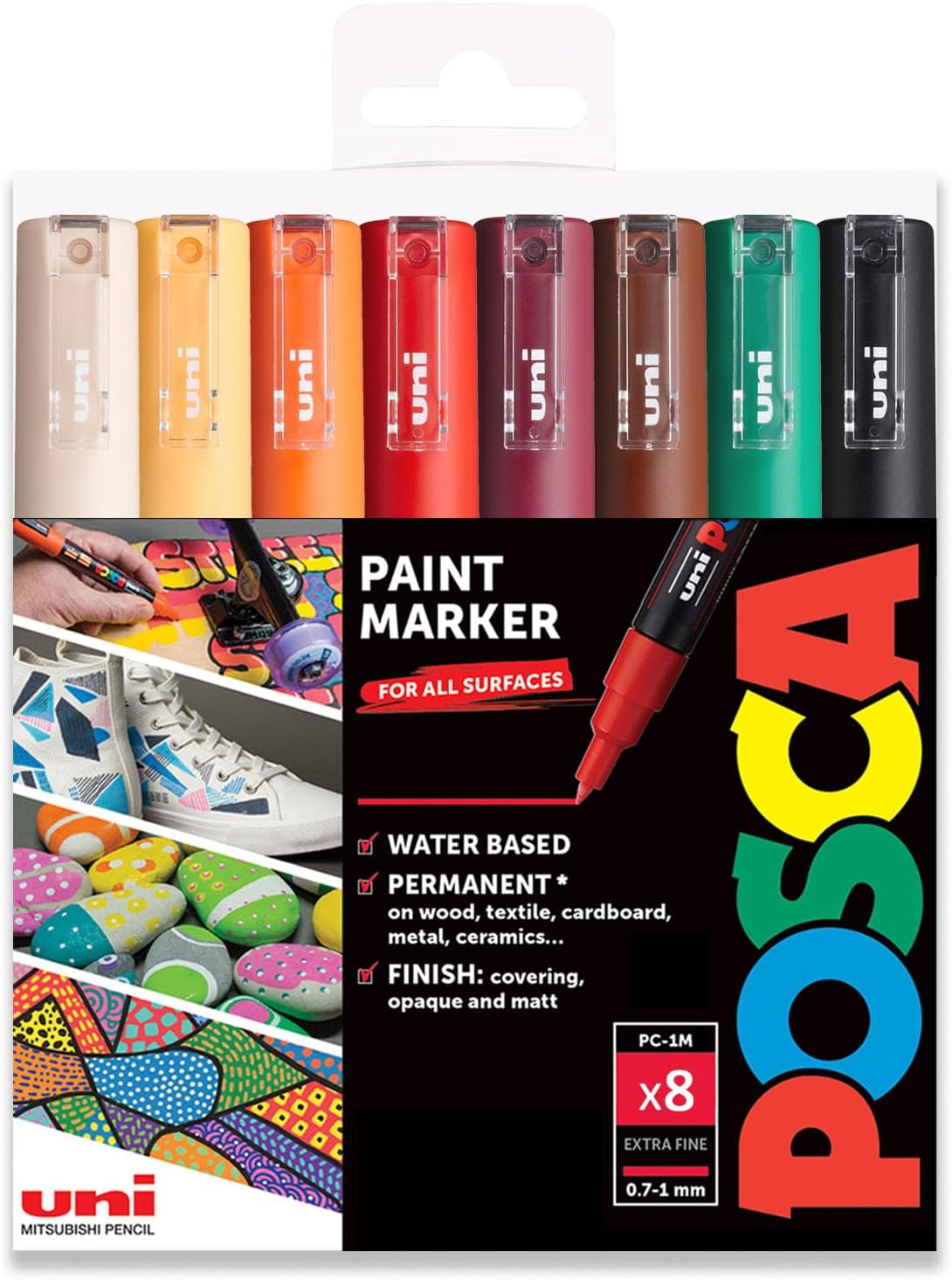 Posca Water Based Permanent Marker Paint Pen - Multi Surface Use - PC-1M, 0.7-1.0Mm Extra Fine - Set of 8 in Gift Wallet - Pastel Tones