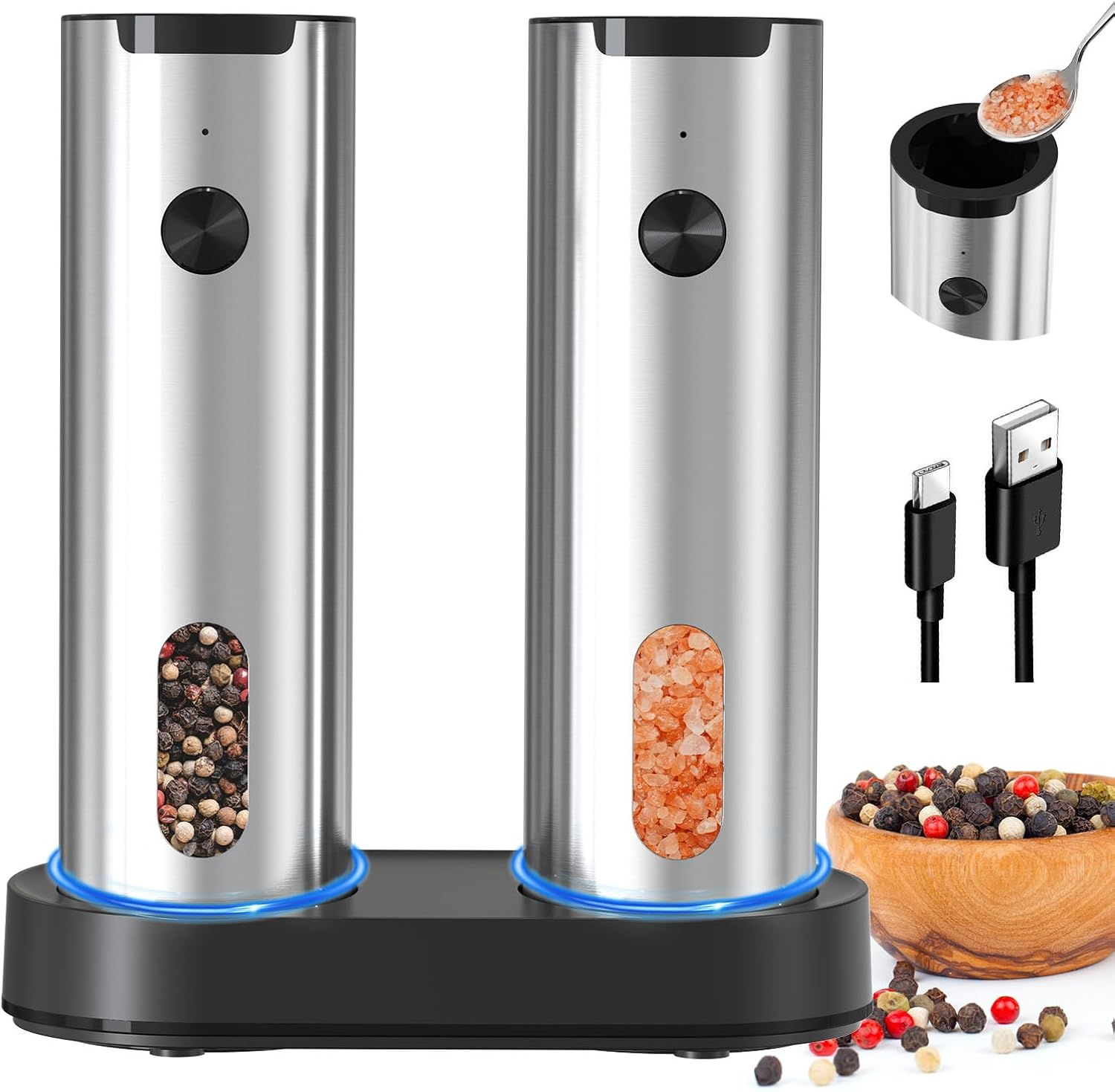 CIRCLE JOY Electric Salt and Pepper Grinder Set with USB Charging Base, Adjustable Coarseness, 110Ml Large Capacity, Stainless Steel Pepper Grinder, Silver image number 4