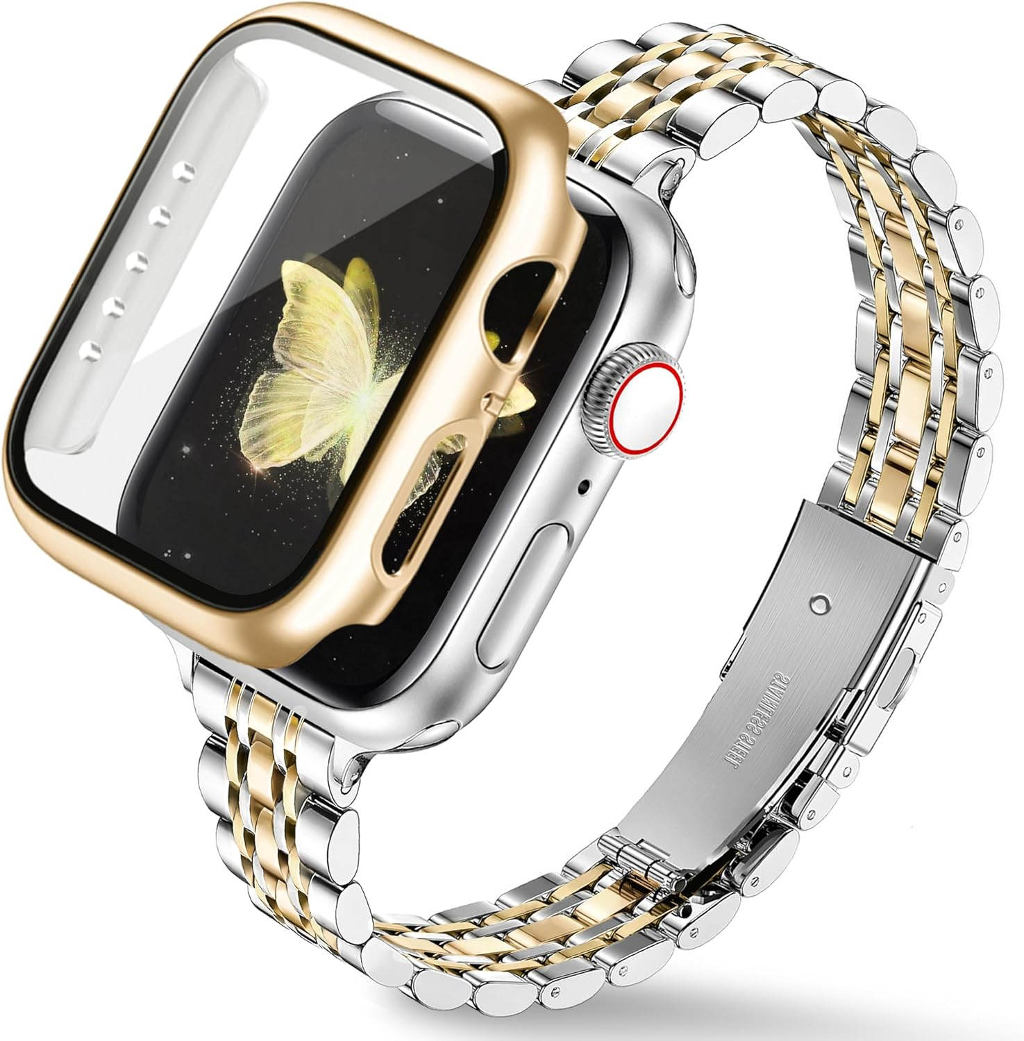 Ocaer Compatible with Apple Watch Bands with Case 40Mm 41Mm 42Mm 44Mm 45Mm 46Mm, Slim Metal Band with Screen Protector for Iwatch Series 11 10 9 8 7 6 5 4 SE 3,Stainless Steel Strap Women