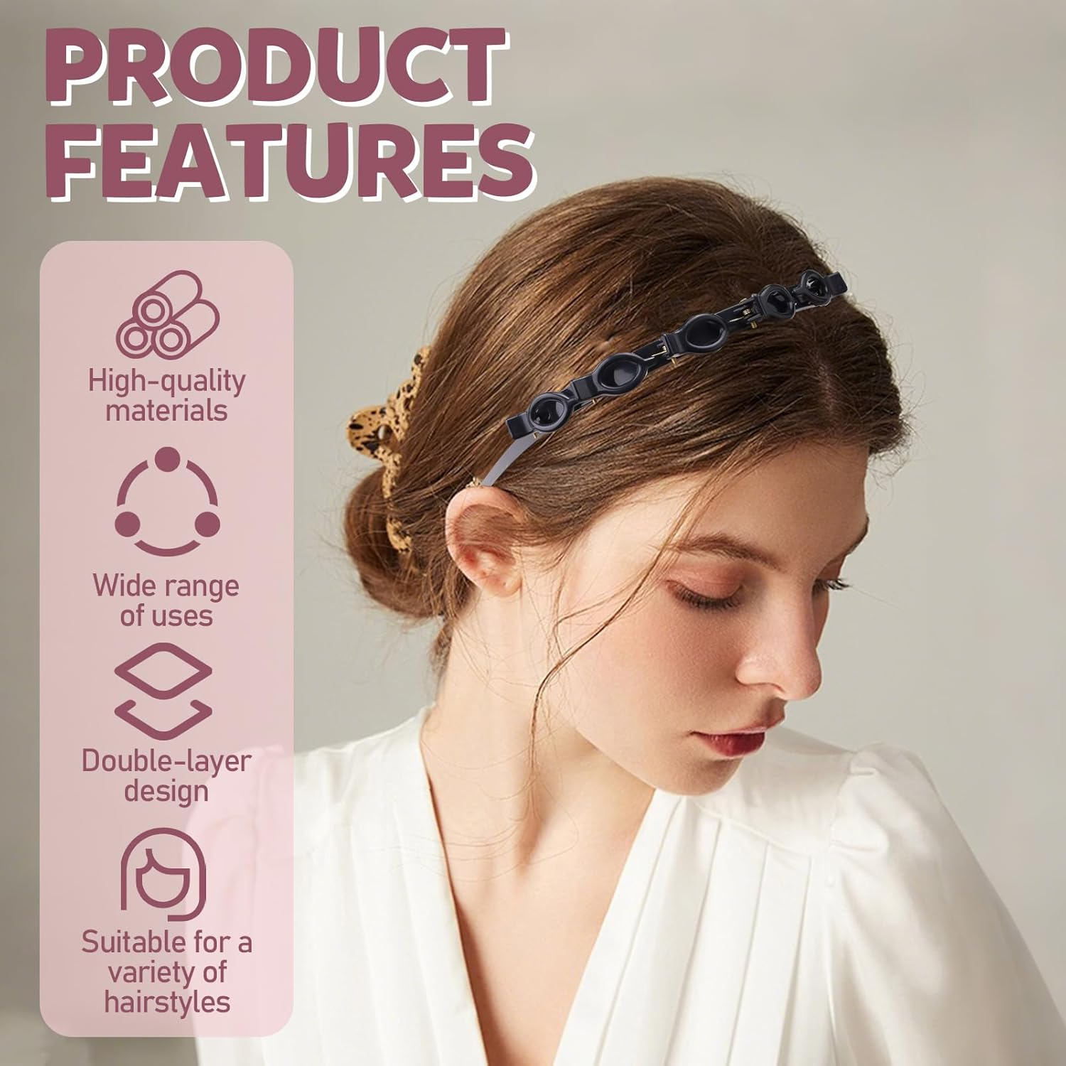 Pack of 6 Double Similar Headband with Clips, Fashion Headband with Clips, Hairpin for Women, Girls, Curly, Thick Hairstyle, Braided, Professional, Weaving, Bangs, Styling, Black & Brown image number 3