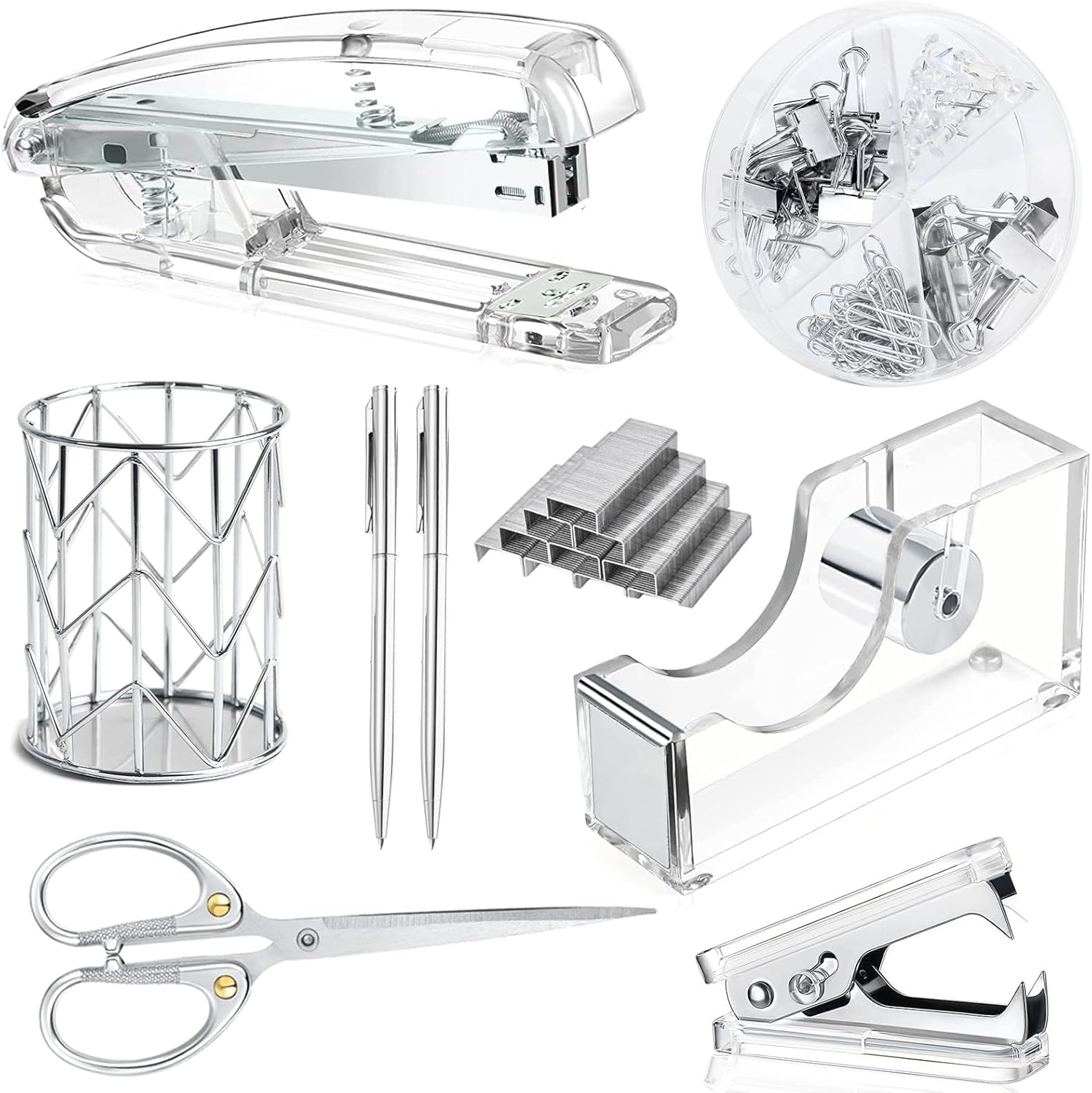 FACAICAI Rose Gold Desk Accessories，Office Supplies Set Acrylic Stapler Set Staple Remover, Tape Holder, 2 Ballpoint Pen, Scissor, Binder/Paper Clips and 1000Pcs Staples (Silver)