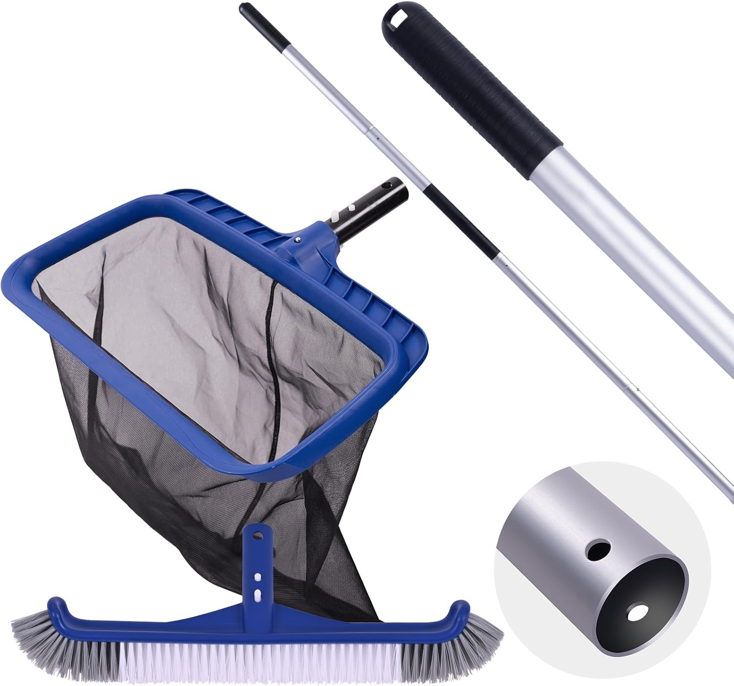 POOLAZA Pool Cleaning Kit, Including Pool Brush & Ultra Fine Mesh Pool Skimmer Net with Pole, Pool Net Skimmer & 17.5'' Pool Brush Head with 10.5Ft Aluminum Pool Pole, Pool Net and Brush with Pole image number 2