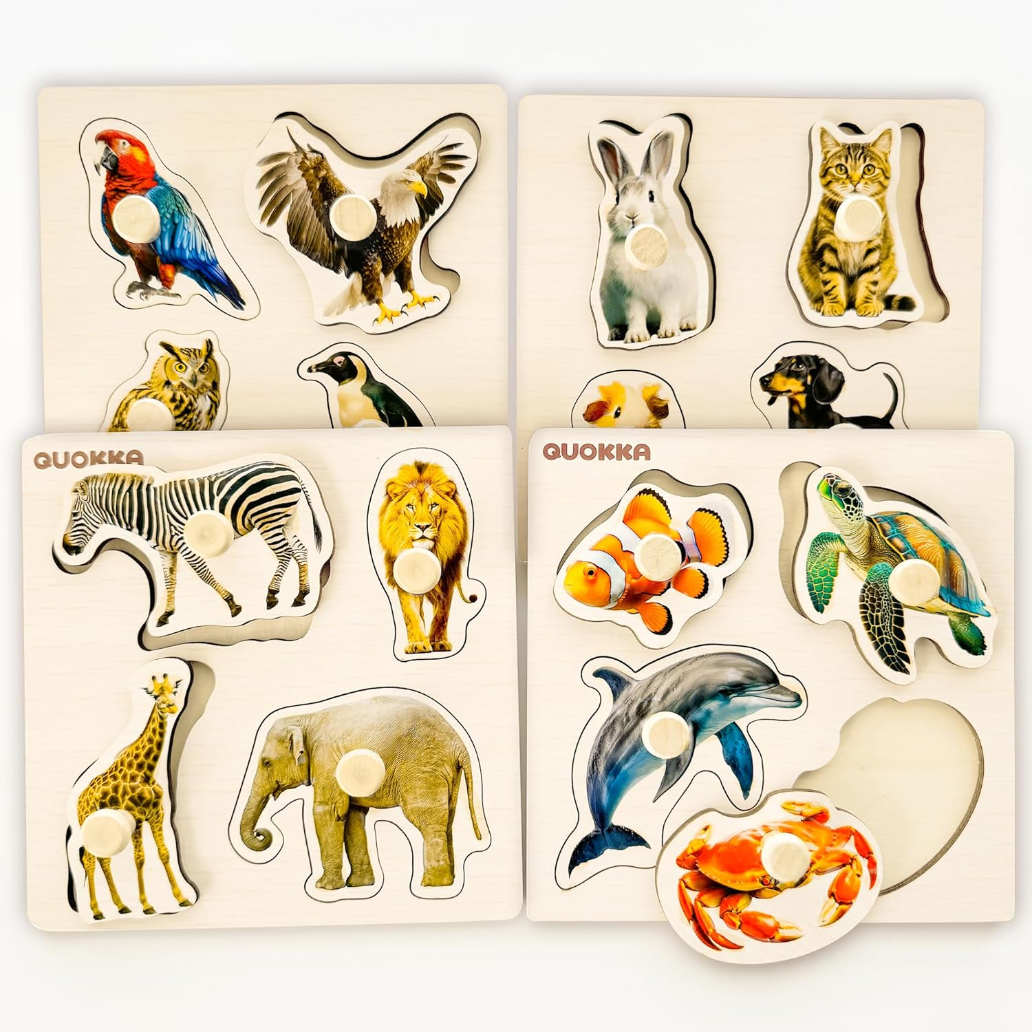 QUOKKA Wooden Puzzles for Toddlers 1-3 &ndash; 4 Set Pegged Puzzles for Kids Ages 2-4 &ndash; Animal and Birds Learning Toy for Kids &ndash; Gift Realistic Educational Game for Boy and Girl