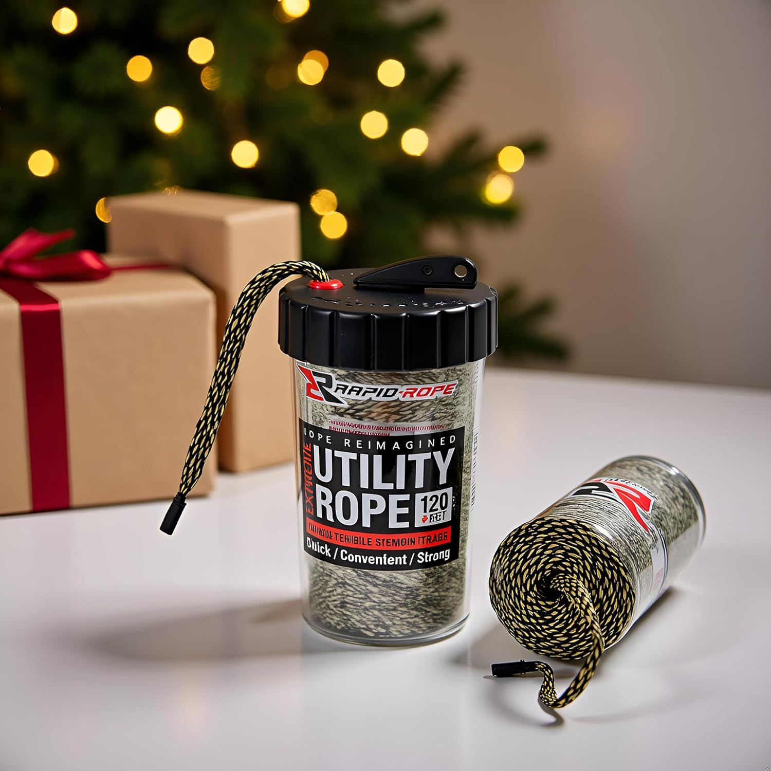 Rapid Rope Canister 120Ft Camo Flat Tactical Paracord, Made in USA, 1100Lb Tested Heavy Duty Poly Rope Test Cord, Non-Tangle Dispenser Included &ndash; Hiking, Camping, Survival, Utility, Climbing image number 1