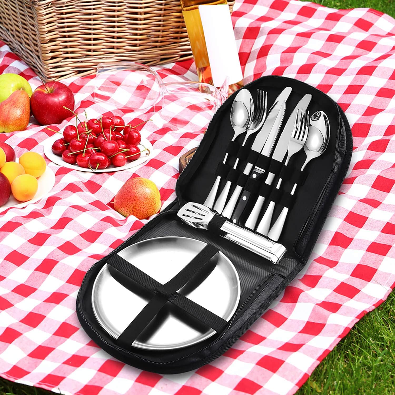 Camping Dish Fork Spoon Knife Set Camping Utensils Portable Stainless Steel Camping Utensils for Outdoor Travel, Set of 10 Suitable for Picnics, Campsite Kitchen BBQ and Hiking Trips (Silver) image number 5