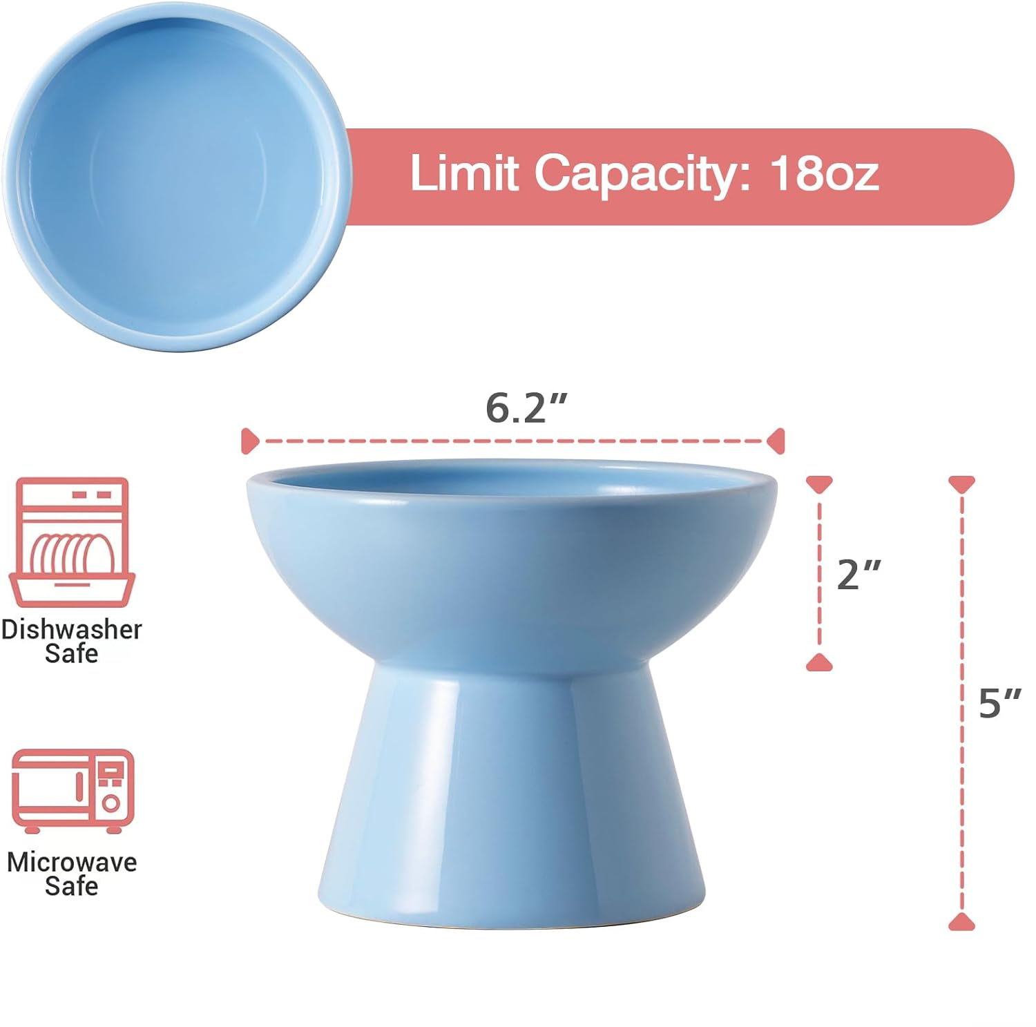 CEEFU Extra Wide Elevated Ceramic Cat Water Bowl - 6.2" Deeper Dish for Whisker Fatigue Relief, 5" Height for Easy Feeding, Lead & Cadmium Free, Durable Raised Cat Bowls, Blue image number 5