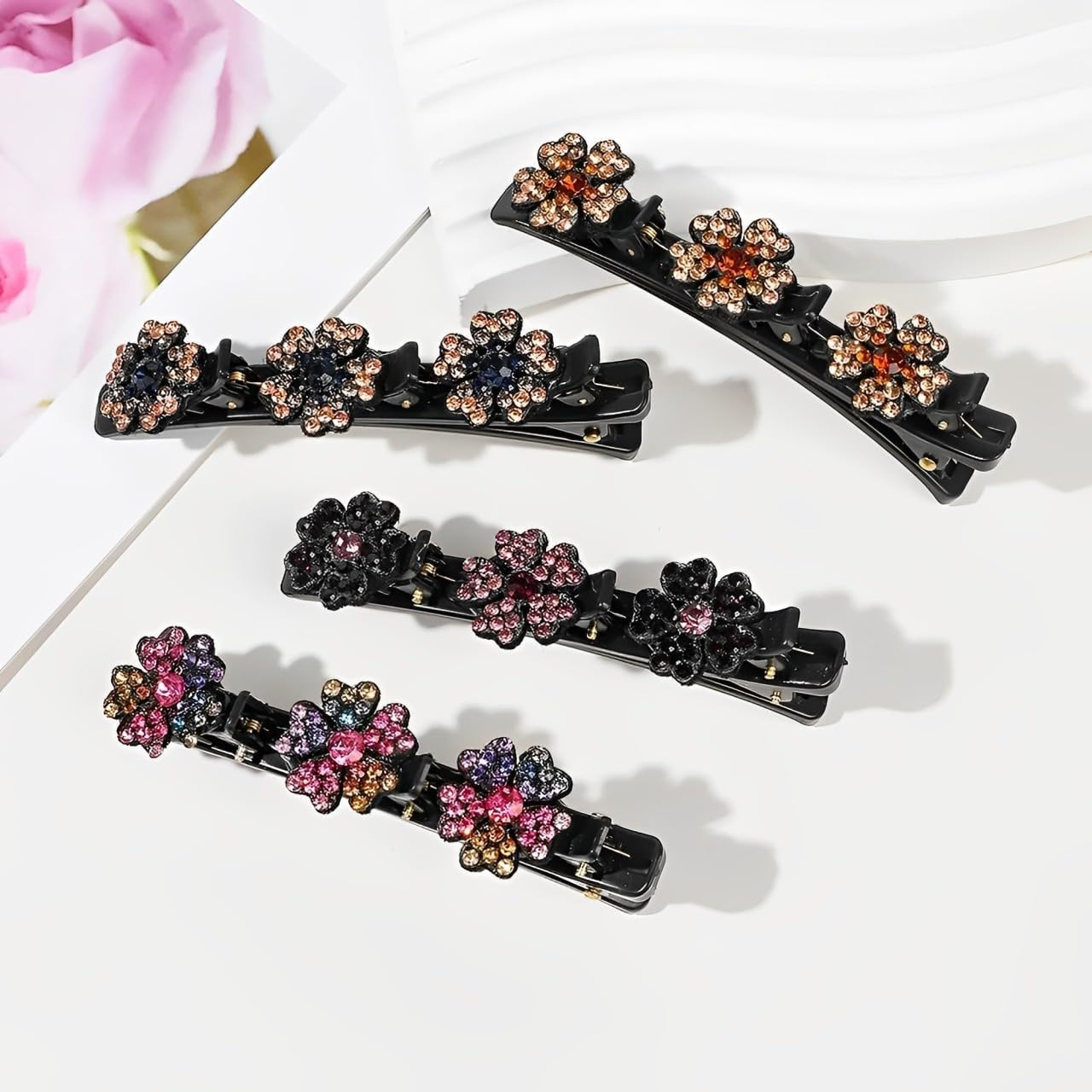 Pack of 4 Sparkling Crystal Stone Braided Hair Clips, Shiny Rhinestone Hair Clip, Elegant Hair Styling Clips, Hair Clips Women, Hummingbird Hair Clip with Crystal Flower for Women Girls (A) image number 4