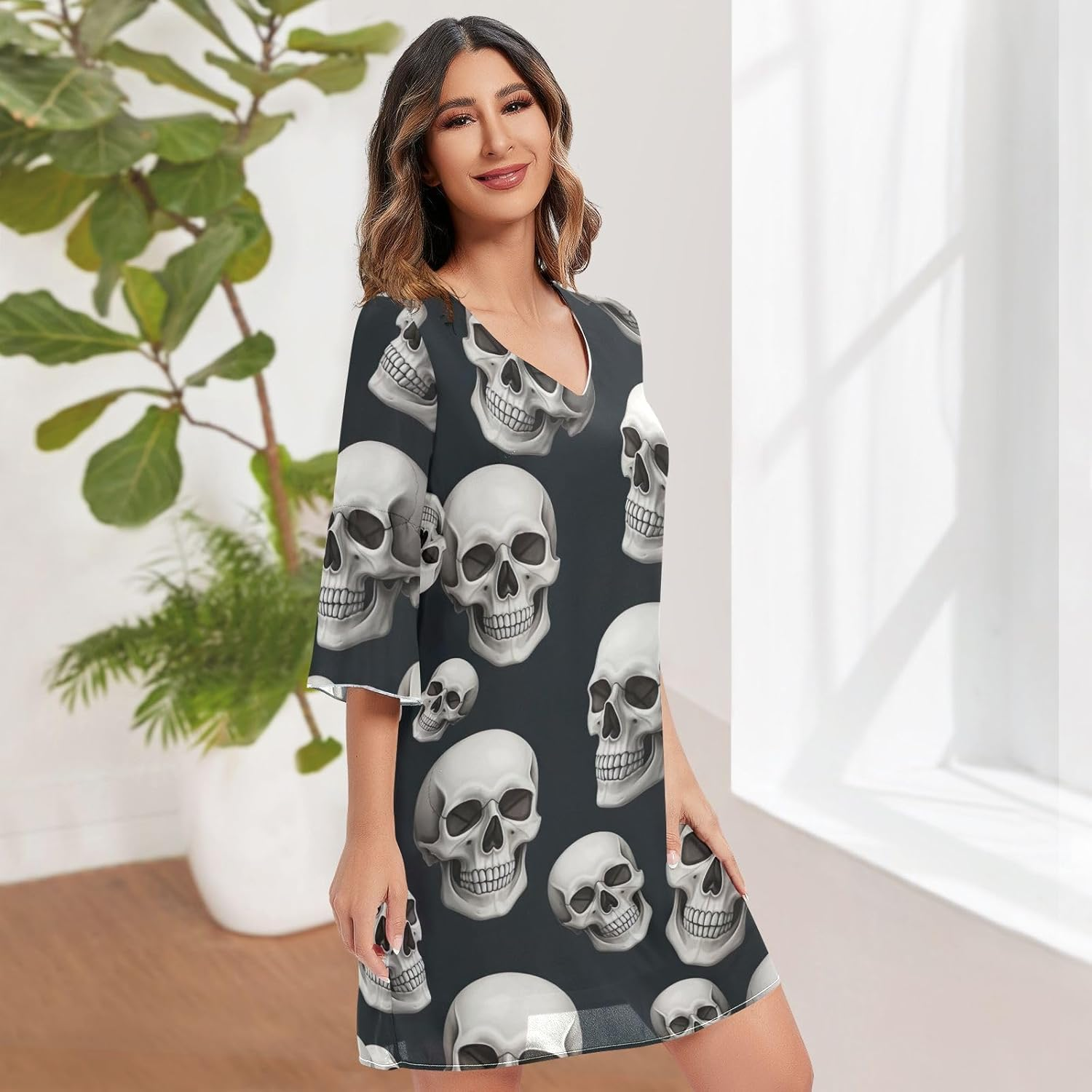 Black White Skulls Chiffon Dress Printed Line Maternity Dress image number 5