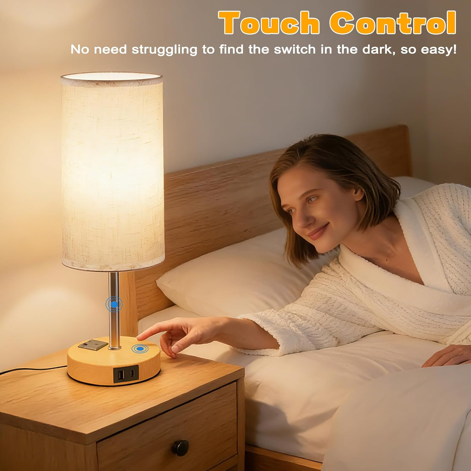 Necomi Bedside Lamp with A&C Ports, Touch Table Lamp for Bedroom with 3 Way Dimmable & AC Outlet, Featuring Linen Lampshade, Suitable for Living Rooms, Study Rooms, and Home Offices (Bulb Included) image number 2