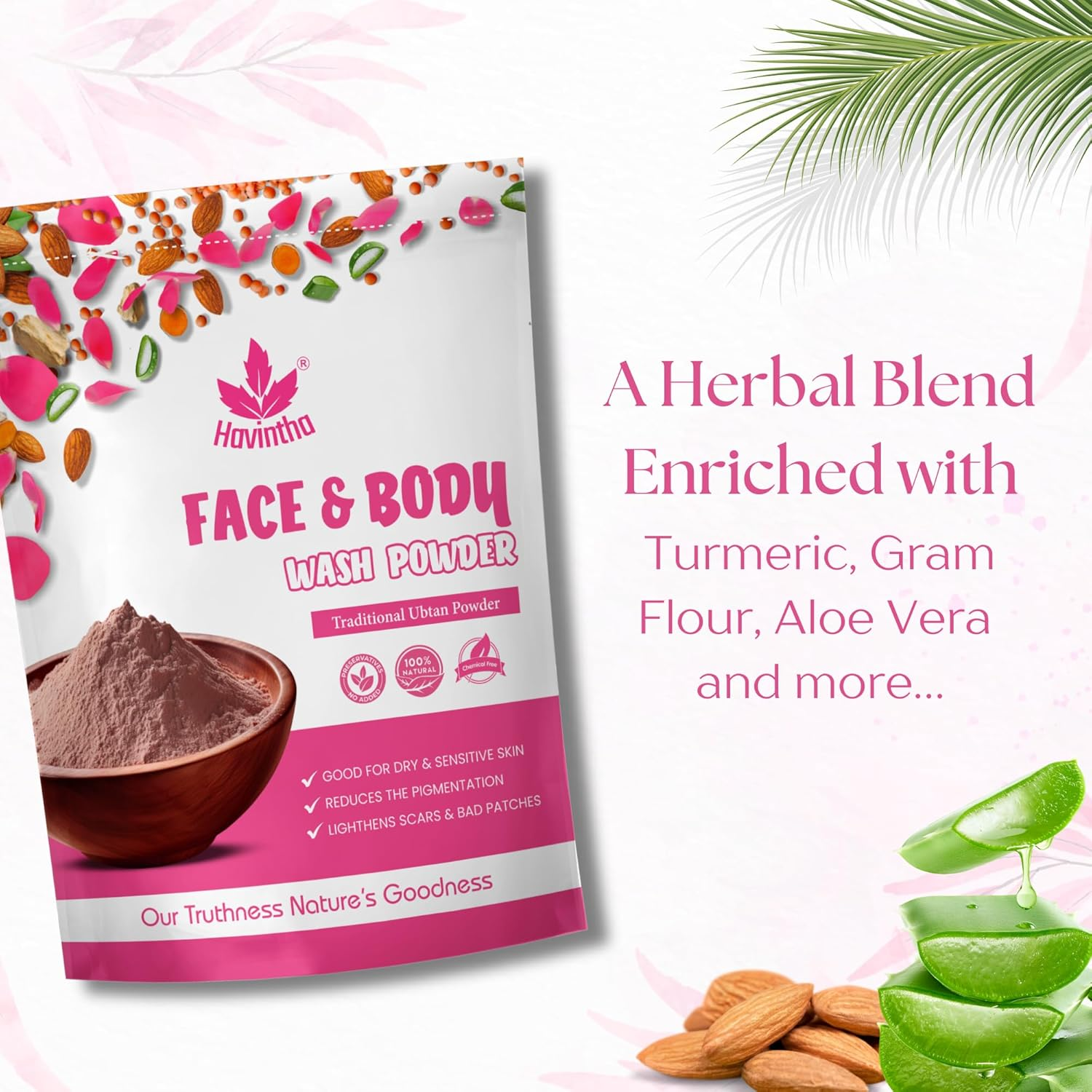 Havintha Natural Face and Body Wash Powder for All Skin Types - 227 Gm image number 4