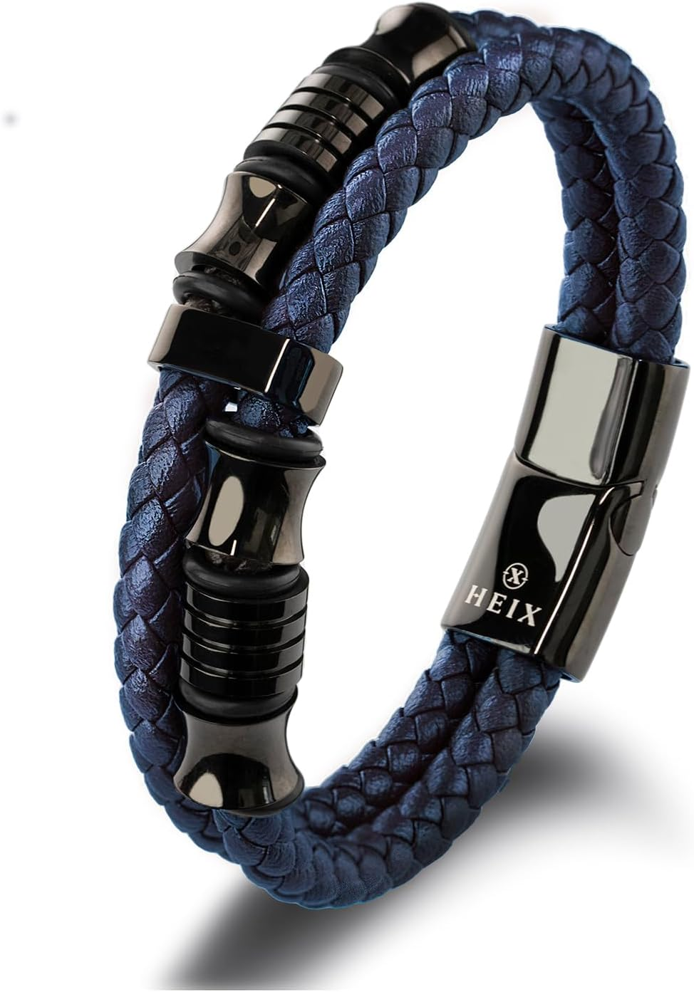 HEIX Men'S Premium Leather Bracelet Magnetic Stainless Steel Clasp in Dark Blue and Brown Great Gift Idea for Men & Boys Jewelry (Black)