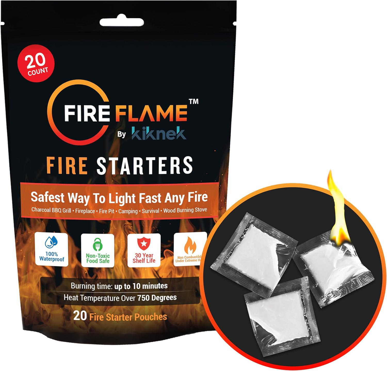 Fireflame Quick Instant Fire Starter -100% Waterproof All-Purpose Indoor & Outdoor Firestarter, for Charcoal Starter, Campfire, Fireplace, Firepit, Smoker - Odorless and Non-Toxic - 20 Pouches in Bag image number 5