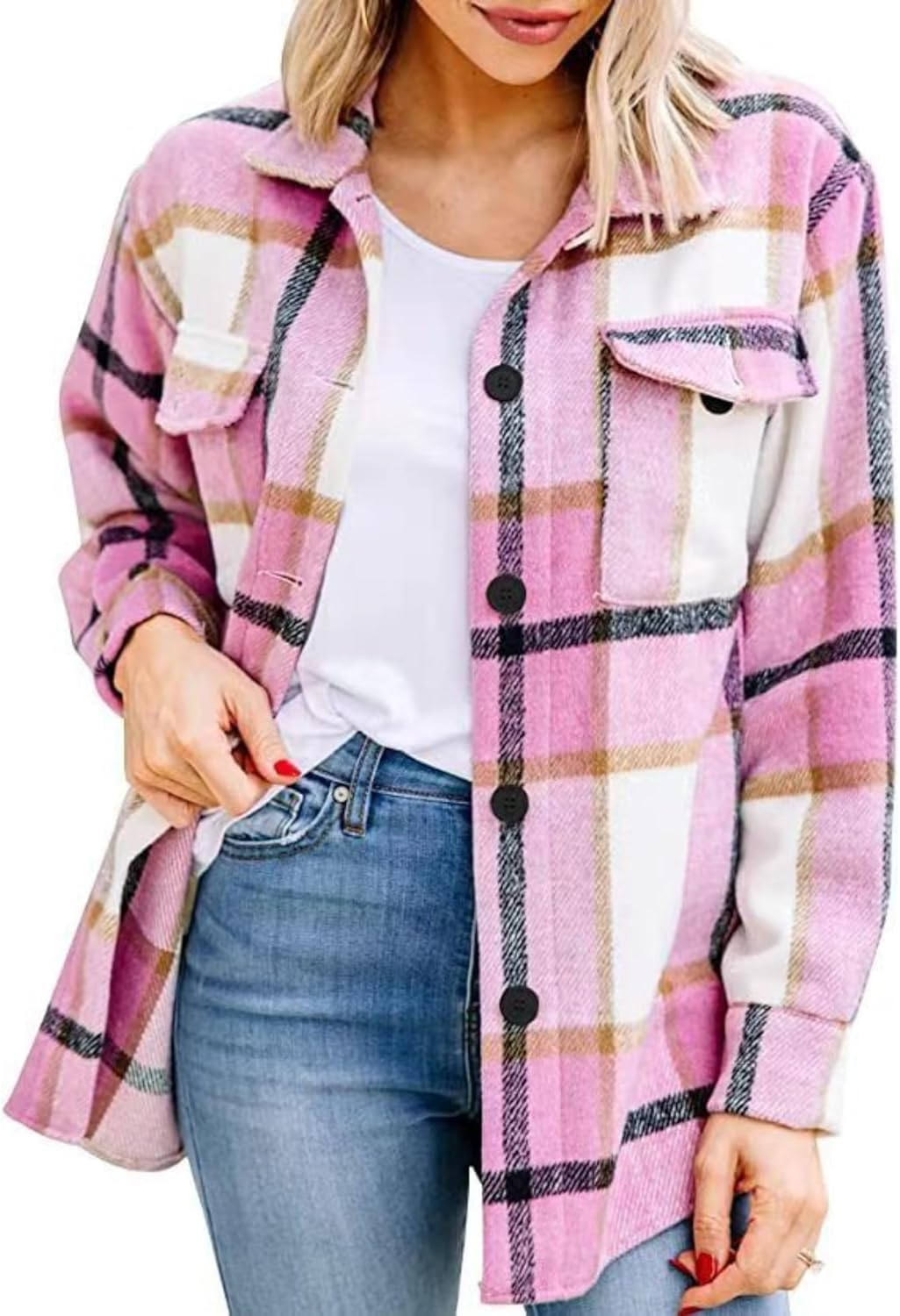 Women'S Casual Flannel Jacket Button down Shirts Jacket Coats Long Sleeve Tops with Pockets image number 4