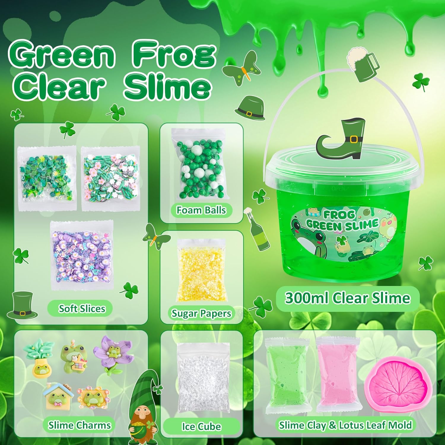 Frog Clear Slime 300Ml, Green Clear Slime Kit for Girls Ages 8-12 with 8 Packs Slime Add-Ins, Slime for Kids Party Favors, Non Stick Slime with Clay, Halloween St. Patrick'S Day - Frosch image number 6