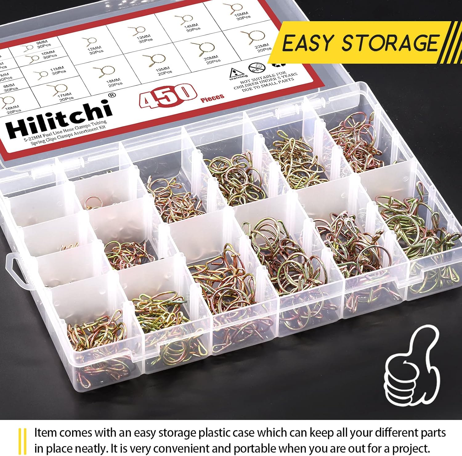 Hilitchi 450Pcs 17Sizes Fuel Line Hose Tubing Spring Clips Clamps Hose Fastener Assortment Kit for Motorcycle Scooter ATV, 5-22Mm image number 1