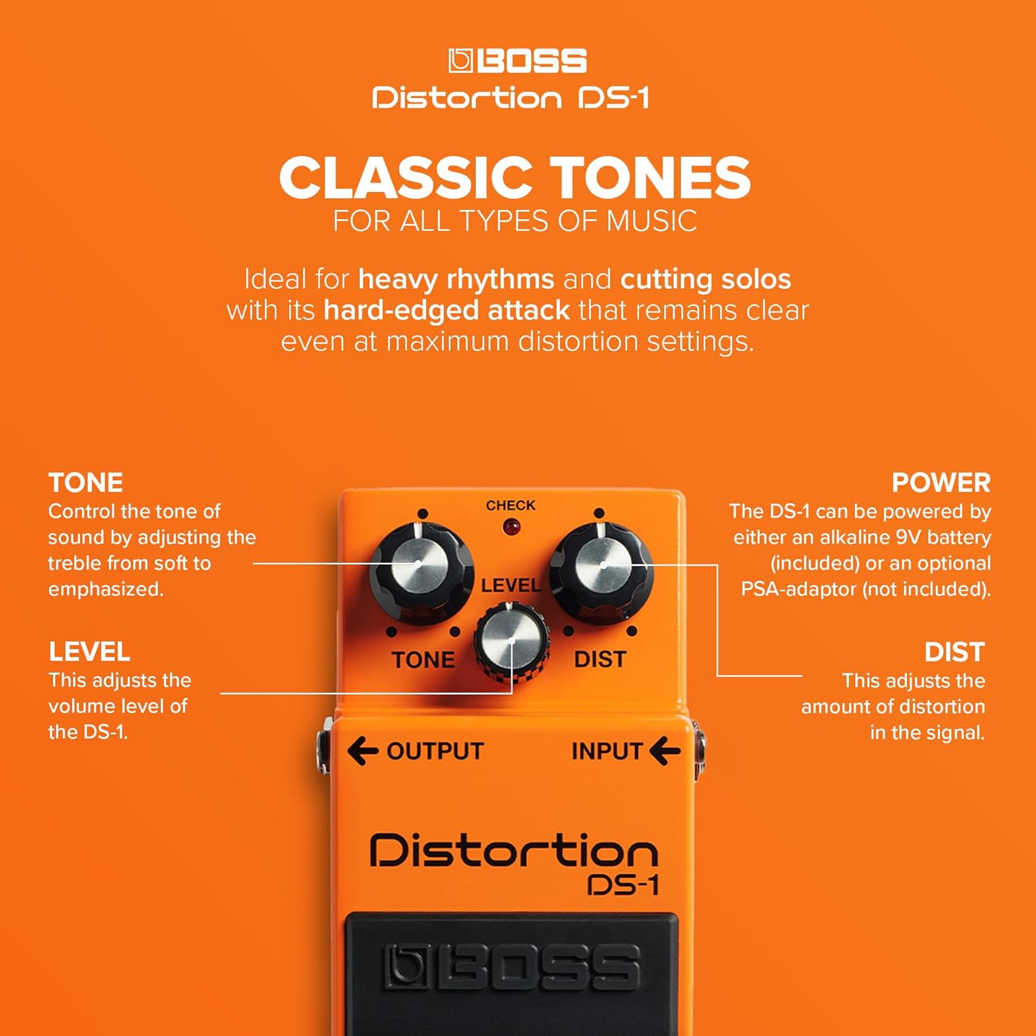 BOSS DS-1 Distortion Pedal, Classic Tones for All Types of Music, the Benchmark in Guitar Distortion, Orange image number 1