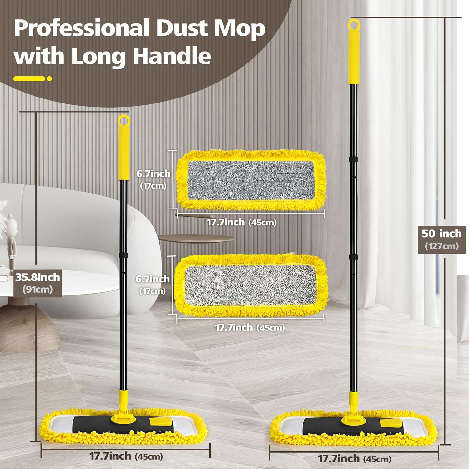 JEHONN Flat Mop for Floor Cleaning, Dry Wet Dust Mops with Microfiber & Chenille Pads for Hard Wood Laminate Tile Vinyl Kitchen Bathroom Home (Yellow) image number 5