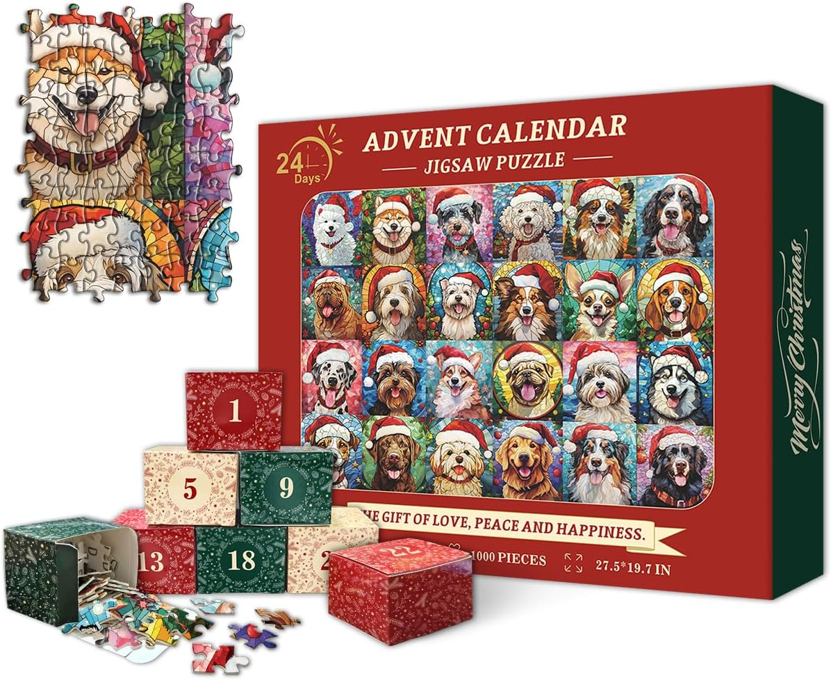 PICKFORU Christmas Advent Calendar 2024 Puzzles for Adults 1000 Pieces, Dog Mosaic Stained Glass Puzzle Countdown Calendar, Colorful Animal Christmas Jigsaw Puzzles as Home Decor image number 5