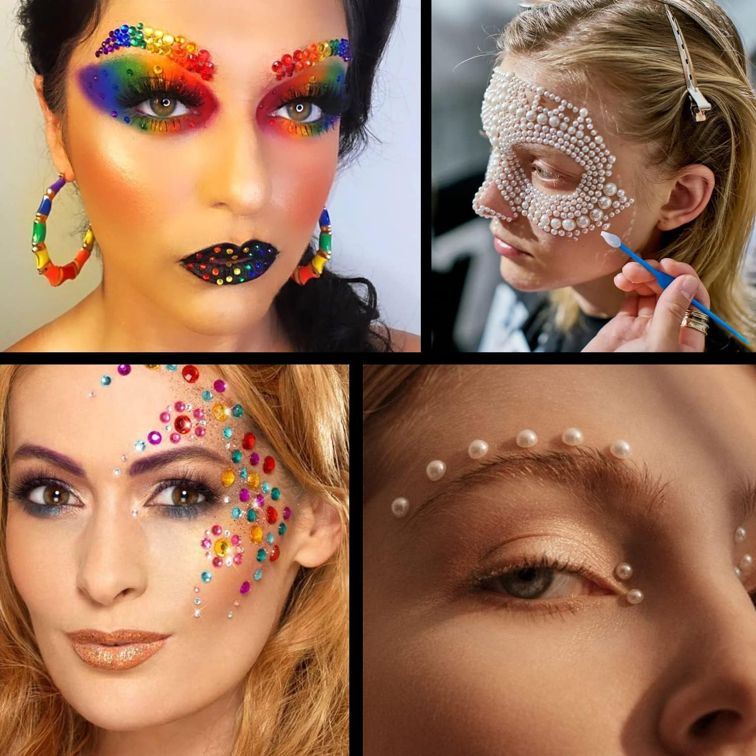 Flat Back Rhinestone+Half round Pearl Kits Colorful Rhinestones+White&Beige Pearls with Quick Dry Makeup Glue+Picker Pencil+Tweezer for Nail Art and Face Make-Up image number 1