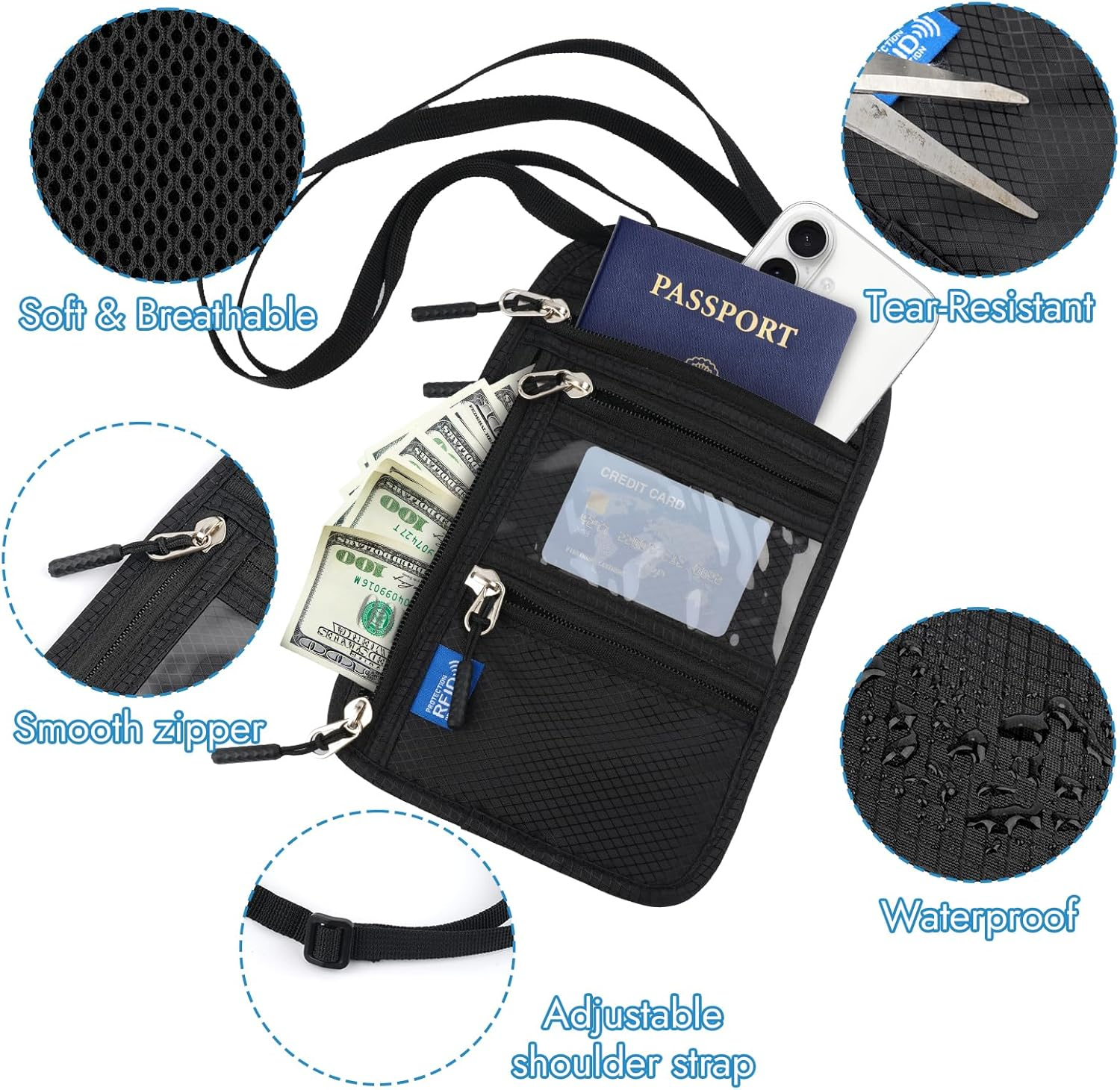 Neck Pouch with RFID Protection, Anti-Theft Chest Pocket Men, Waterproof Travel Wallet, Adjustable Unisex Security Pocket Travel for Passport Cards Smartphone Money, Black, 24*15.5Cm, Neck Pouch With image number 1