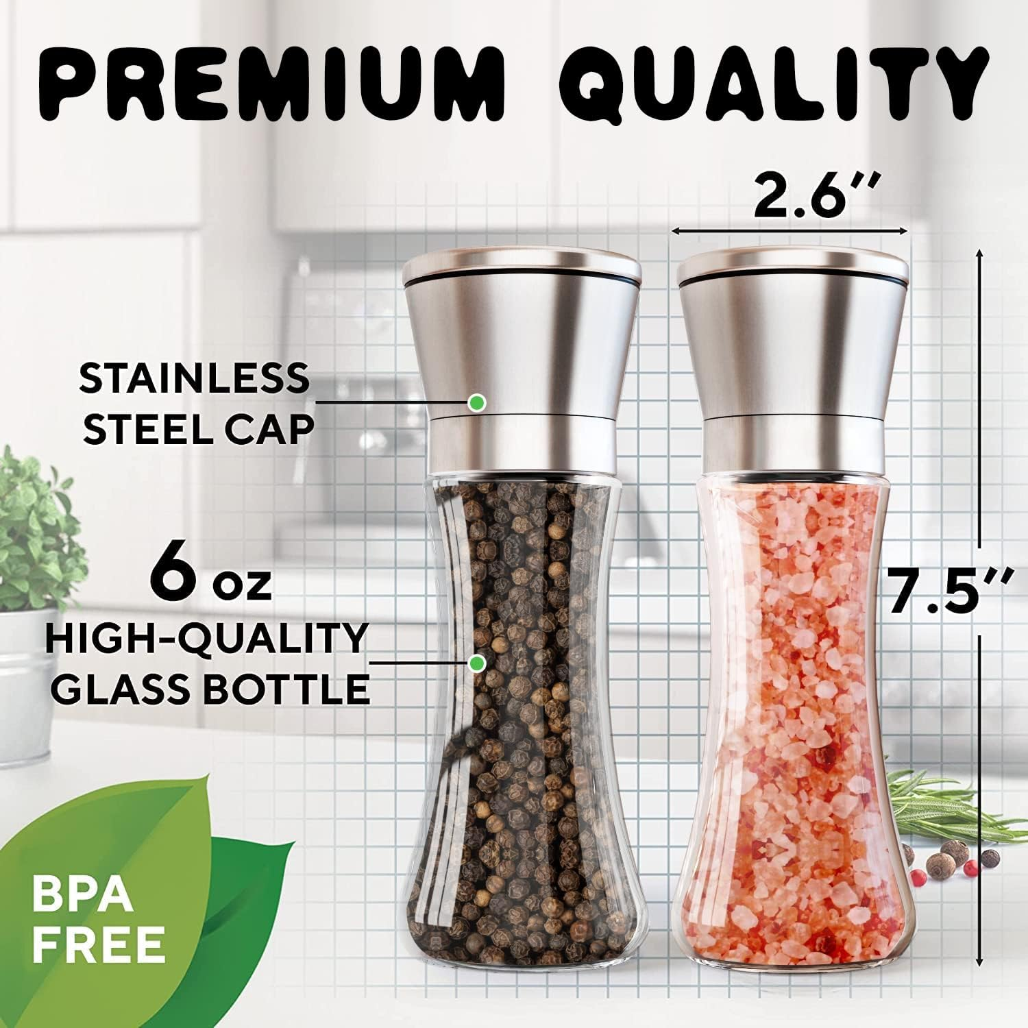 Salt and Pepper Grinder Set, Adjustable Coarseness Coarse & Fine Salt Shakers, Premium Ceramic Glass Body Salt and Pepper Mills [Without Spice Content] image number 6