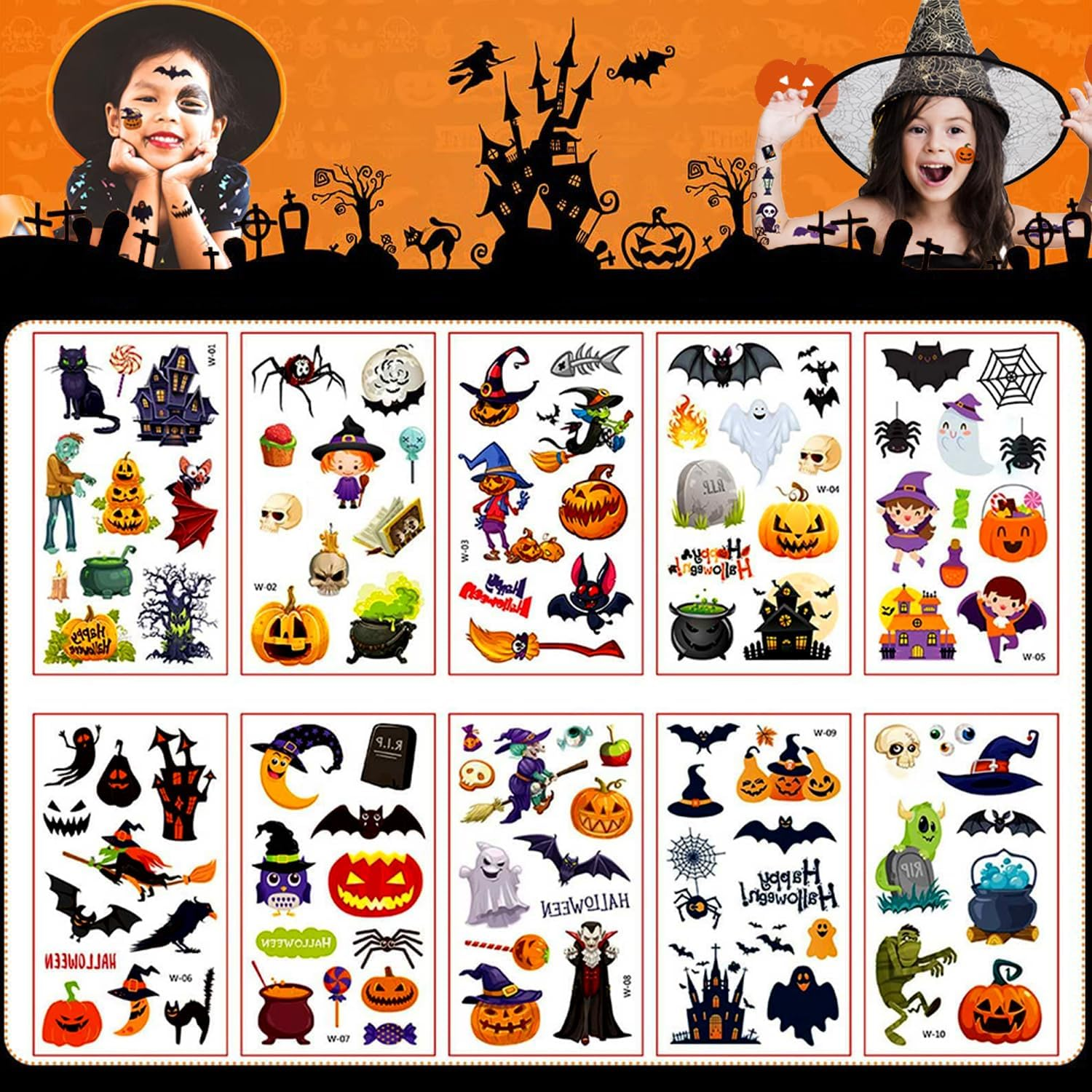 10 Sheets Halloween Temporary Tattoos for Kids, 3D Realistic Tattoo Stickers Lovely Waterproof Assorted Styles Removable Sticker Tattoo Ghost Monster Pumpkin Design for Children Adults image number 5