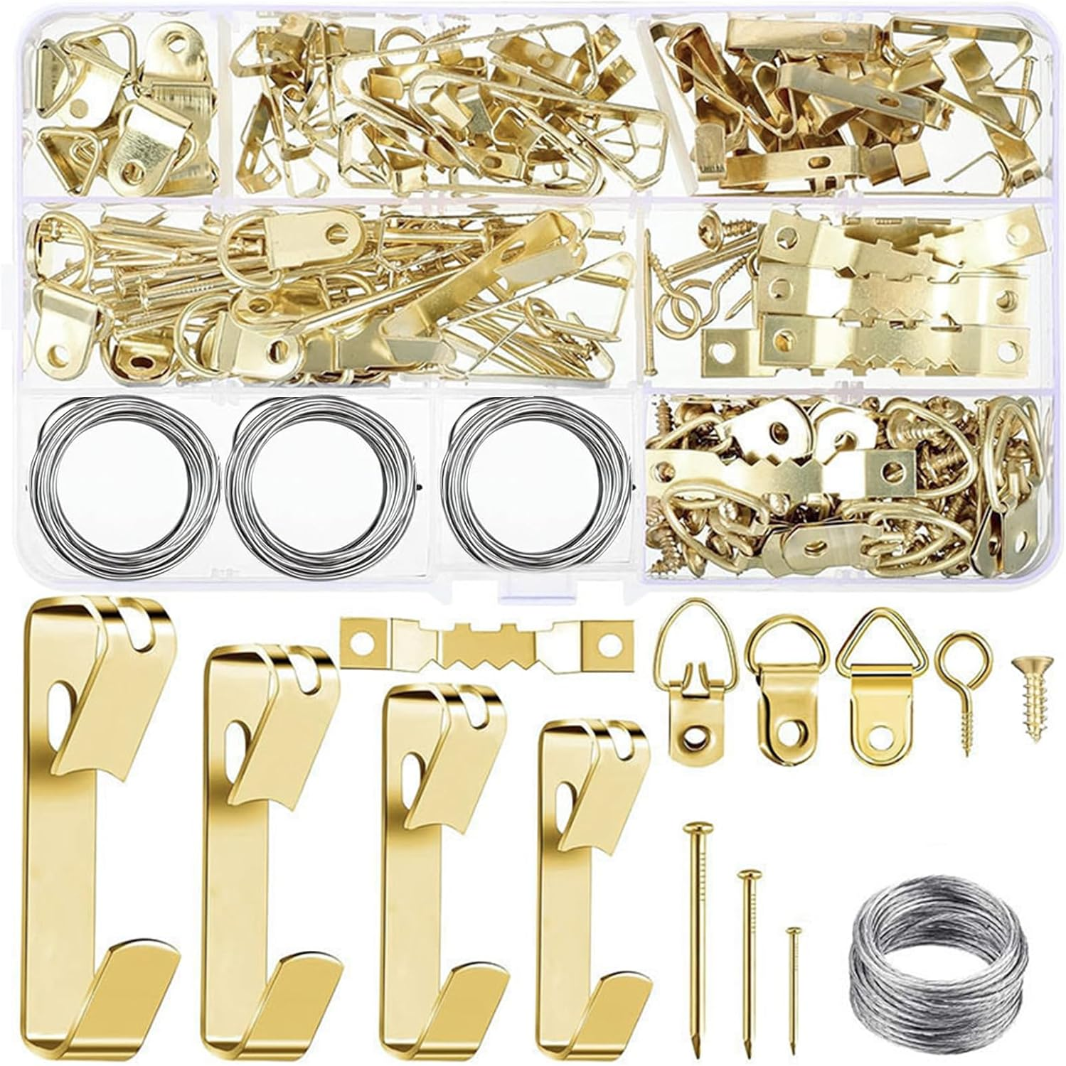 Nlvnmv 246 Pcs Picture Hanging Kit with Hooks, Wire, Nails, Eye Screws, Sawtooth Hangers, Hardware Tool for Frame and Canvas Mounting (Gold)