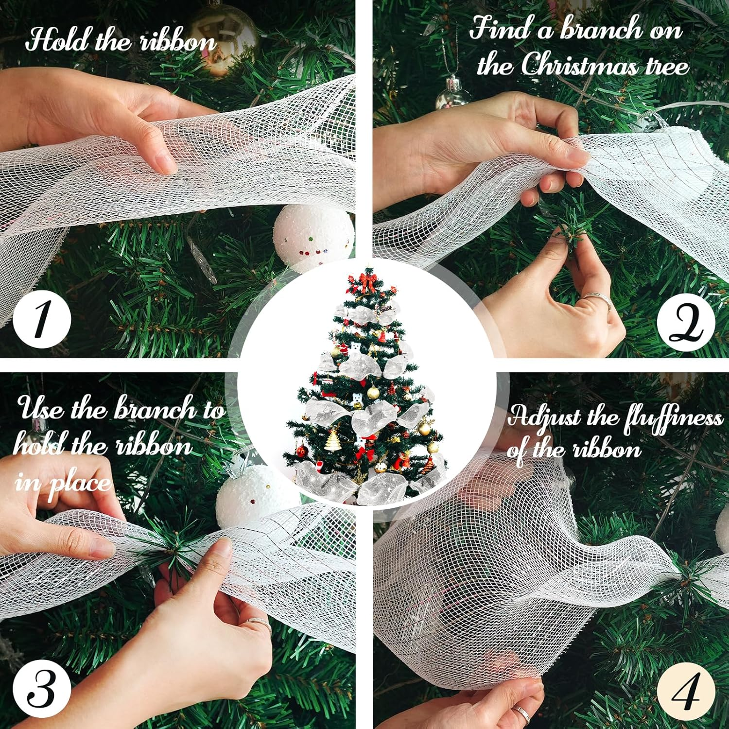Christmas Tree Ribbon, Christmas Mesh Ribbon Wired Ribbon Christmas Ribbon for Christmas Tree Gift Craft Ornaments Decoration (26Cm&times;10Feet) (White) image number 2