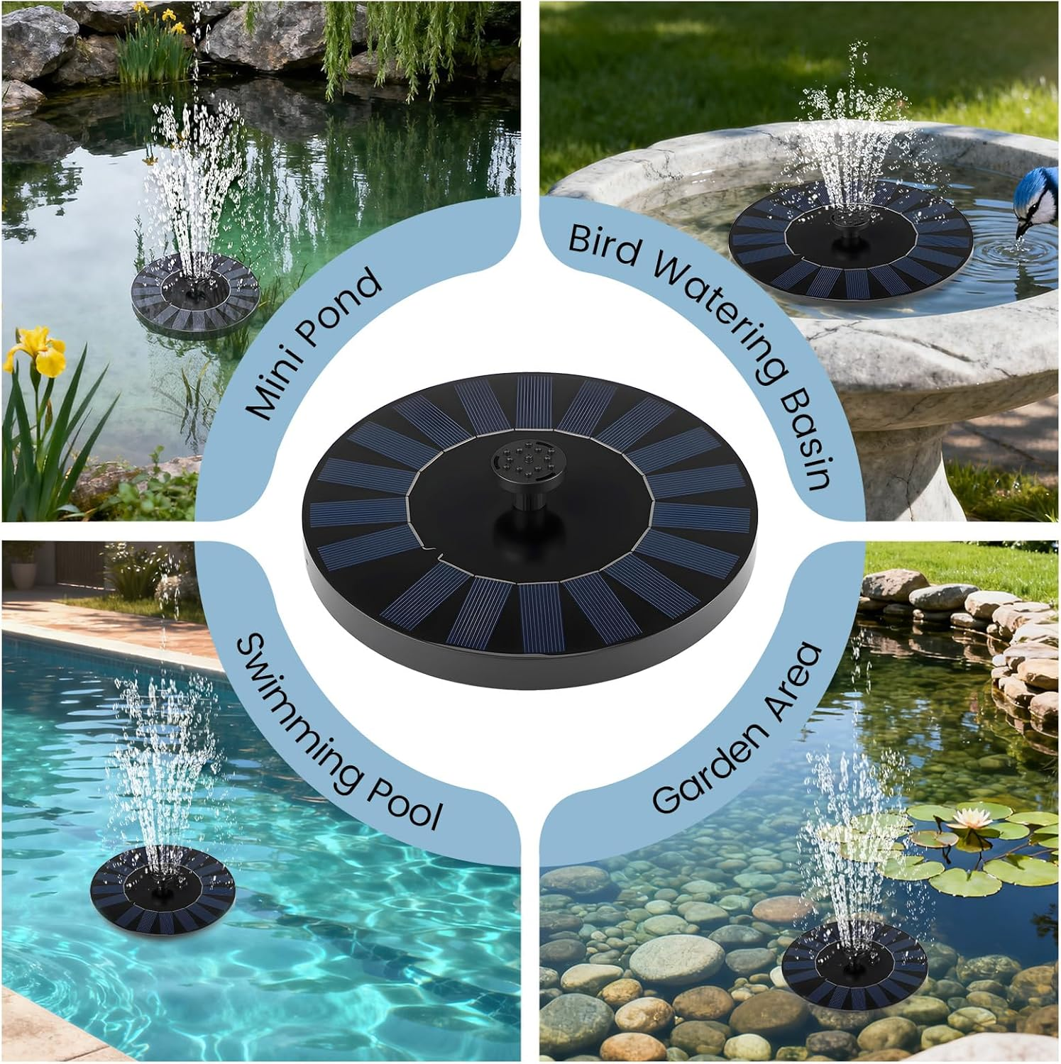 Solar Bird Bath Fountain, 1.4W Solar Powered Fountain Pump with 4 Nozzles, Submersible Pump for Small Pond, Garden Pool, Fish Tank, Outdoor Feature, Backyard Decor, Yard Accent image number 6