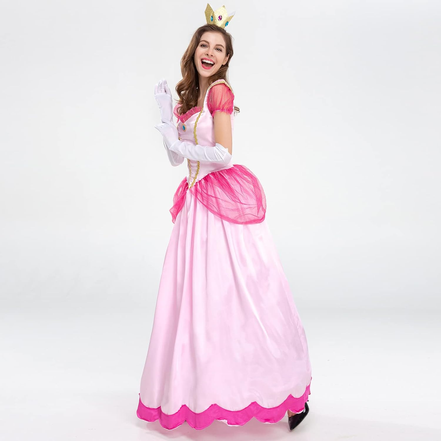 AFAVOM Princess Peach Costume with Crown and Gloves for Adult Women Halloween Birthday Party Dress up Fancy Cosplay Outfit