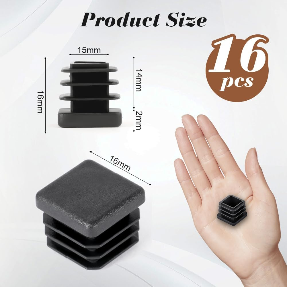 OSDUE 16PCS Square 16 * 16Mm Plastic End Caps, Furniture Caster Cups,Non-Slip Furniture Pads, for Bed Cabinet Sofa Tables Desks Chairs Bed Furniture Foot (Black), Prevent Scratches & Damage