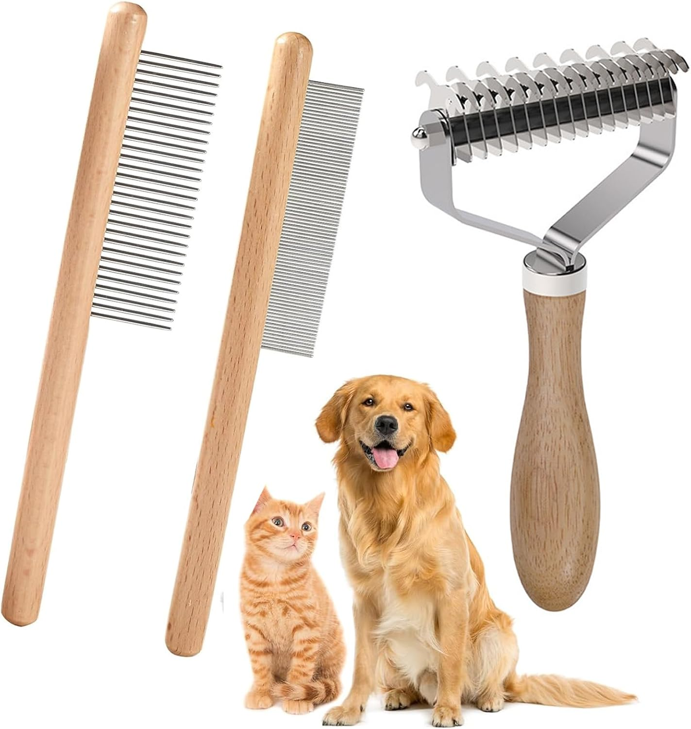 3 Pack Dog and Cat Dematting Kit,Undercoat Rake,Shedding Brush and Combs,Premium Wood Handle Grooming Set for All Breeds Removes Mats, Reduces Shedding, Prevents Tangles image number 6