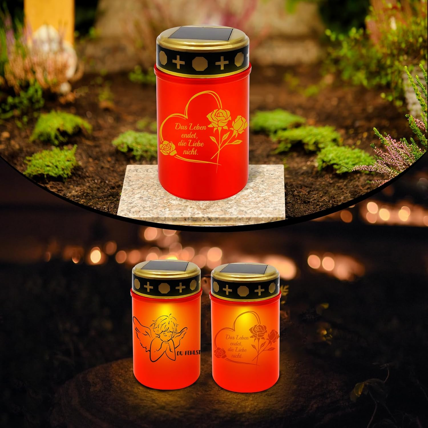 JUNUNDJING 2 Solar LED Grave Lights Funeral Candles with 4 Stickers (2 Types of Motif), Grave Light Solar LED Cemetery Candles IP55 Weatherproof with 2 Ground Spikes 2 Extensions and Twilight Sensor image number 6