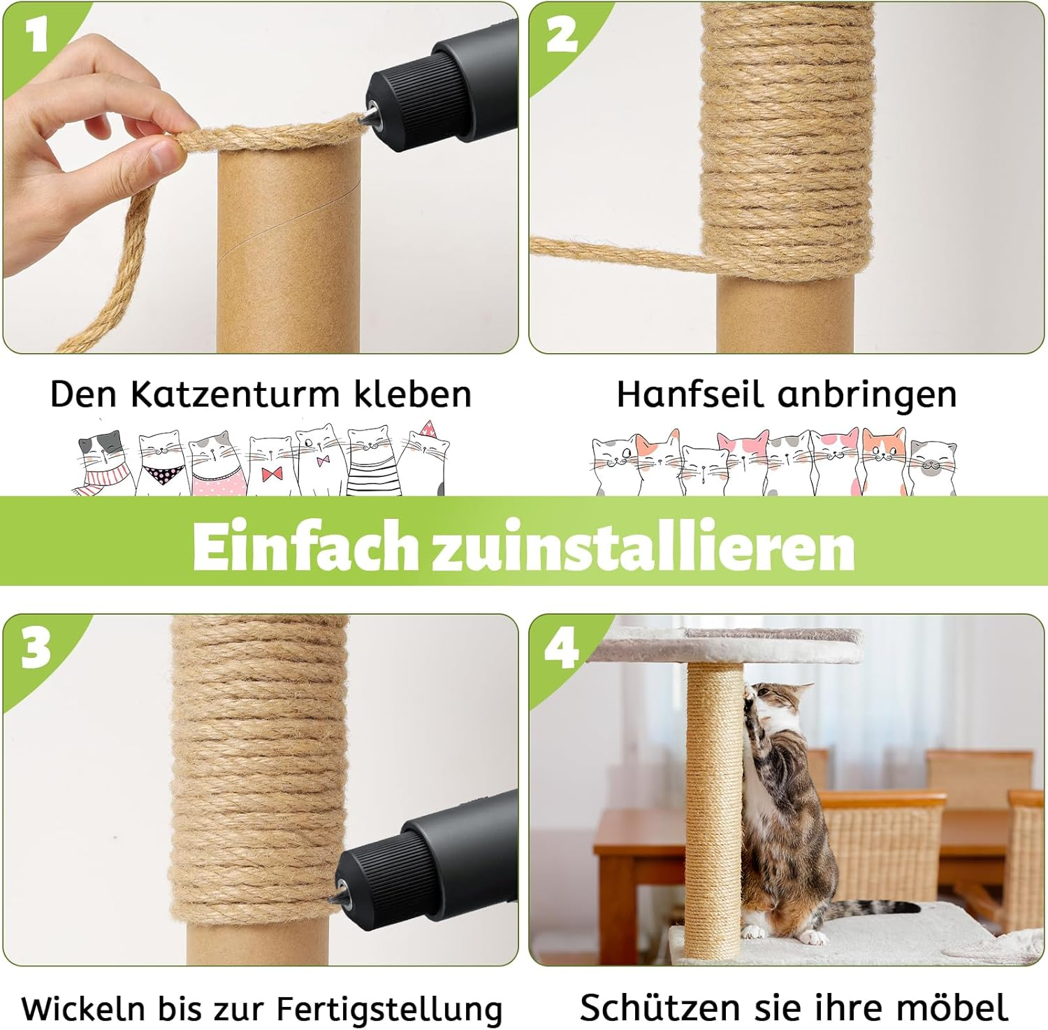 Sisal Rope for Cats, Scratching Post, 10 M X 9 Mm, Natural Sisal Rope for Cats with 2 Cat Toys, High-Quality Rope for Scratching Post Replacement, Cat Accessories, Crafts, Decorating Homes, DIY image number 4