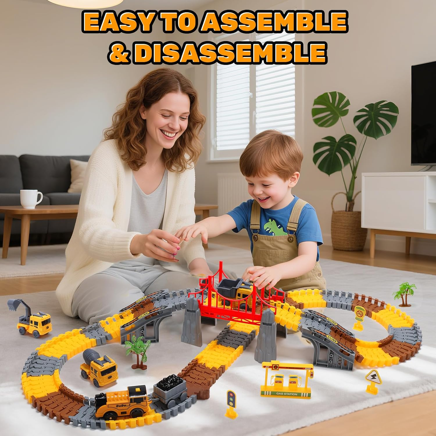 Eaglestone Construction Toys Race Track Set 206 PCS for Kids, Flexible Train Tracks with 1 Electric Train, Excavator, Cement Truck, Loading Truck, Engineering Gifts for 3 4 5 6 Year Old Boys Girls image number 1